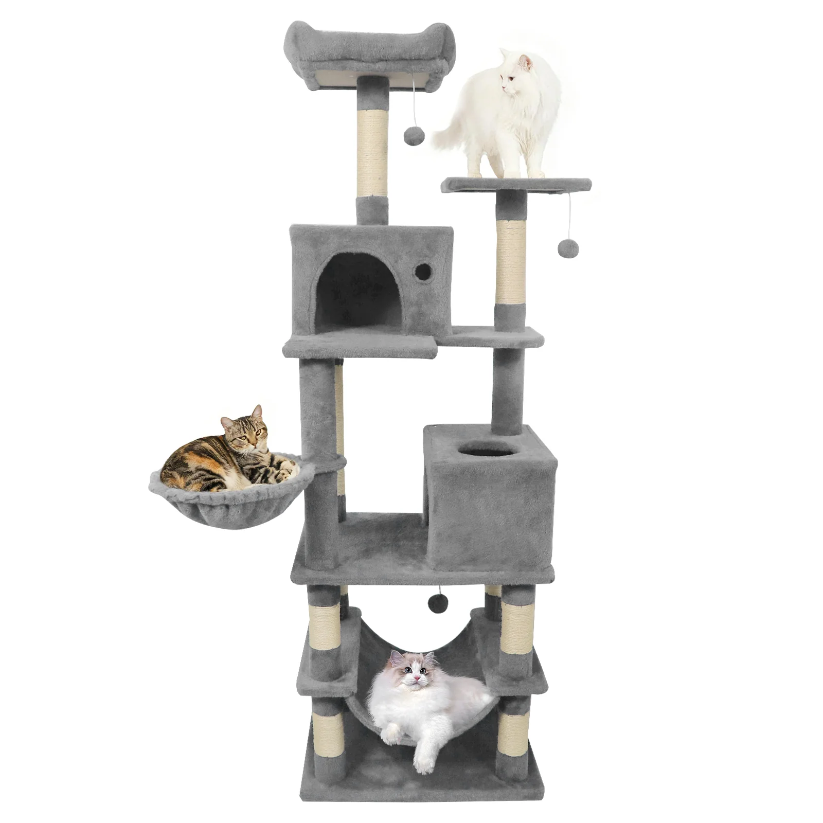 66 Inch Tall Cat Tree Multi-Level Cat Tower with 2 Condos Sisal Scratching Posts, Light Gray - Image 5