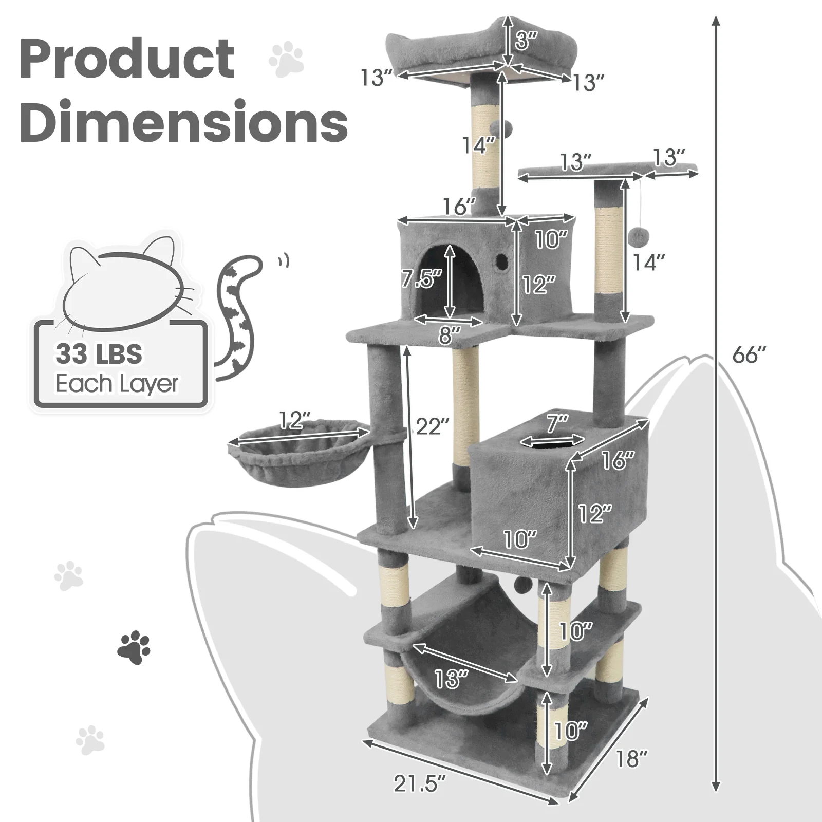 66 Inch Tall Cat Tree Multi-Level Cat Tower with 2 Condos Sisal Scratching Posts, Light Gray - Image 6