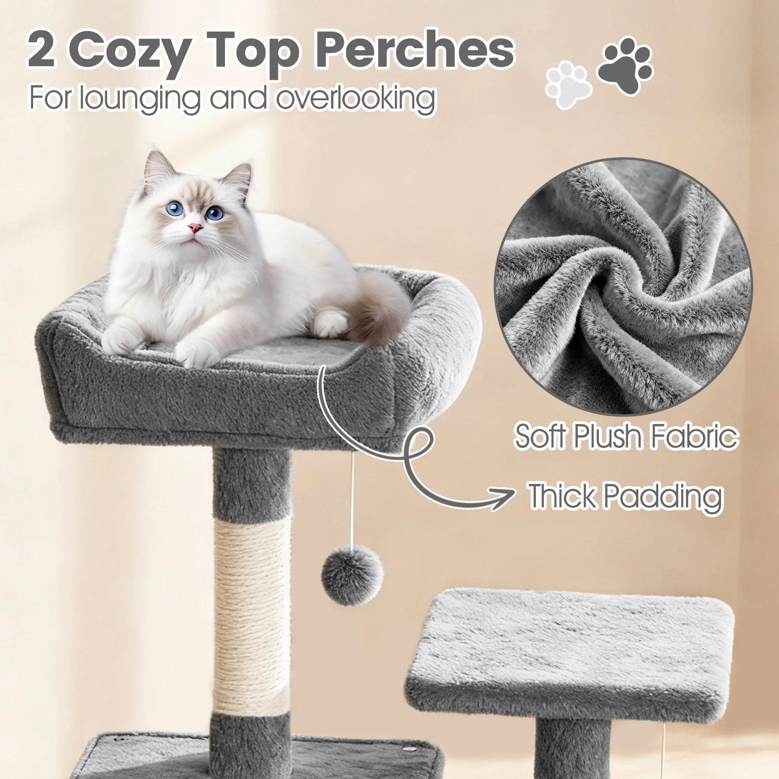 66 Inch Tall Cat Tree Multi-Level Cat Tower with 2 Condos Sisal Scratching Posts, Light Gray - Image 7