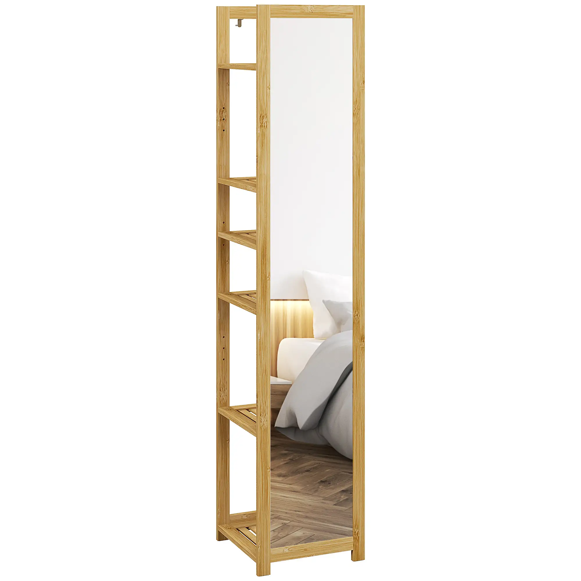 66" x 14" Standing Mirror, 6-Tier Shelf, Full Body Floor Mirror, Nature Wood - Image 11