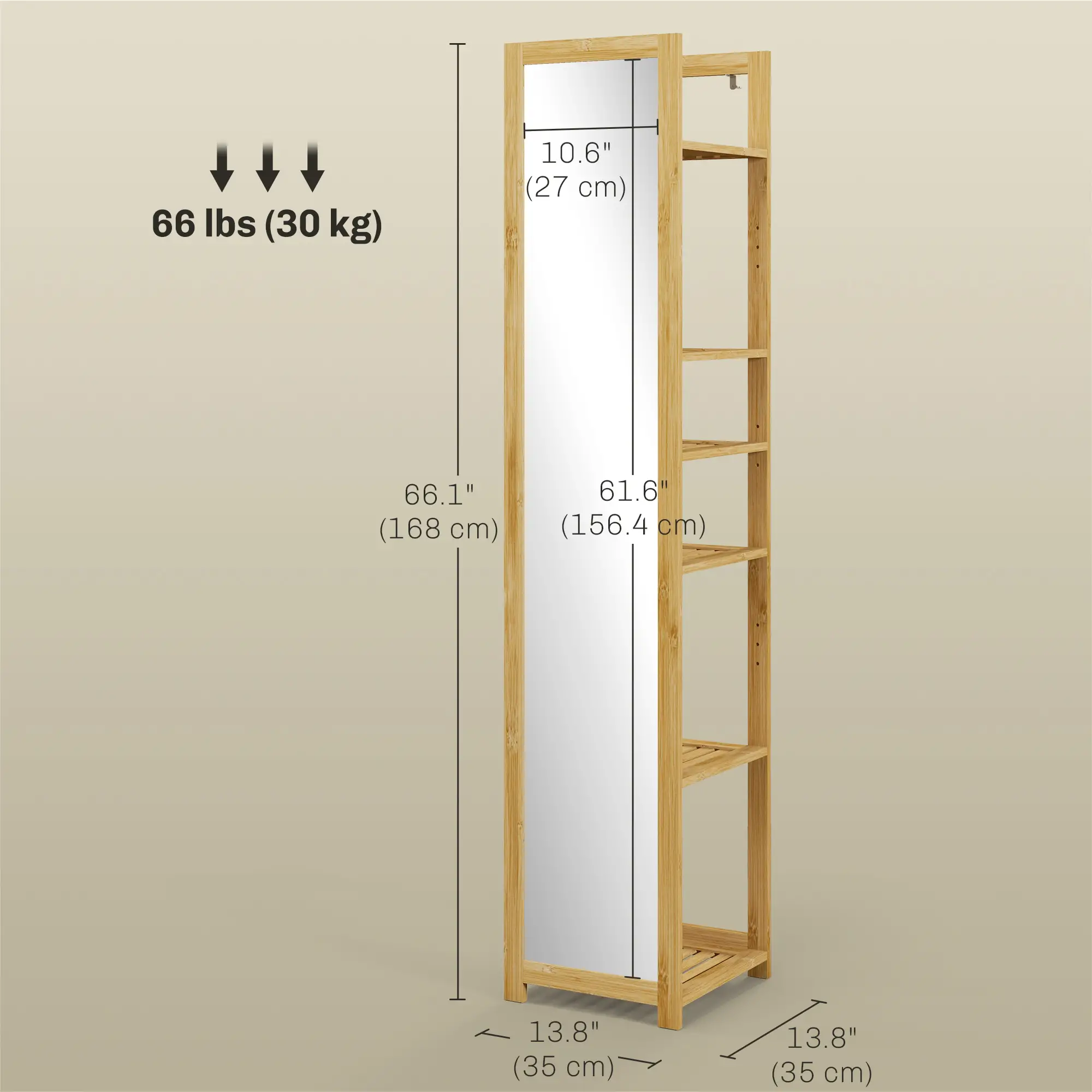 66" x 14" Standing Mirror, 6-Tier Shelf, Full Body Floor Mirror, Nature Wood - Image 3