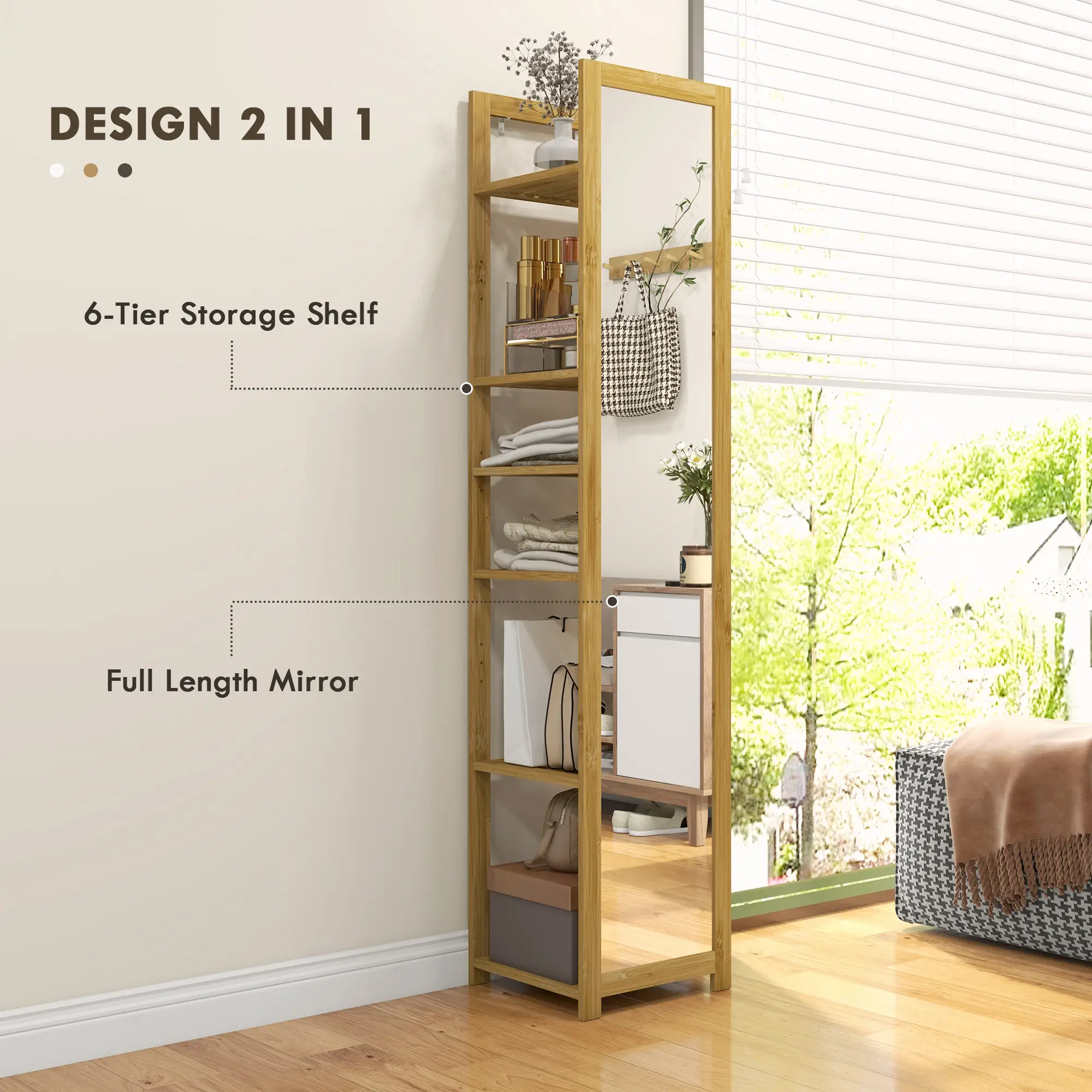 66" x 14" Standing Mirror, 6-Tier Shelf, Full Body Floor Mirror, Nature Wood - Image 4
