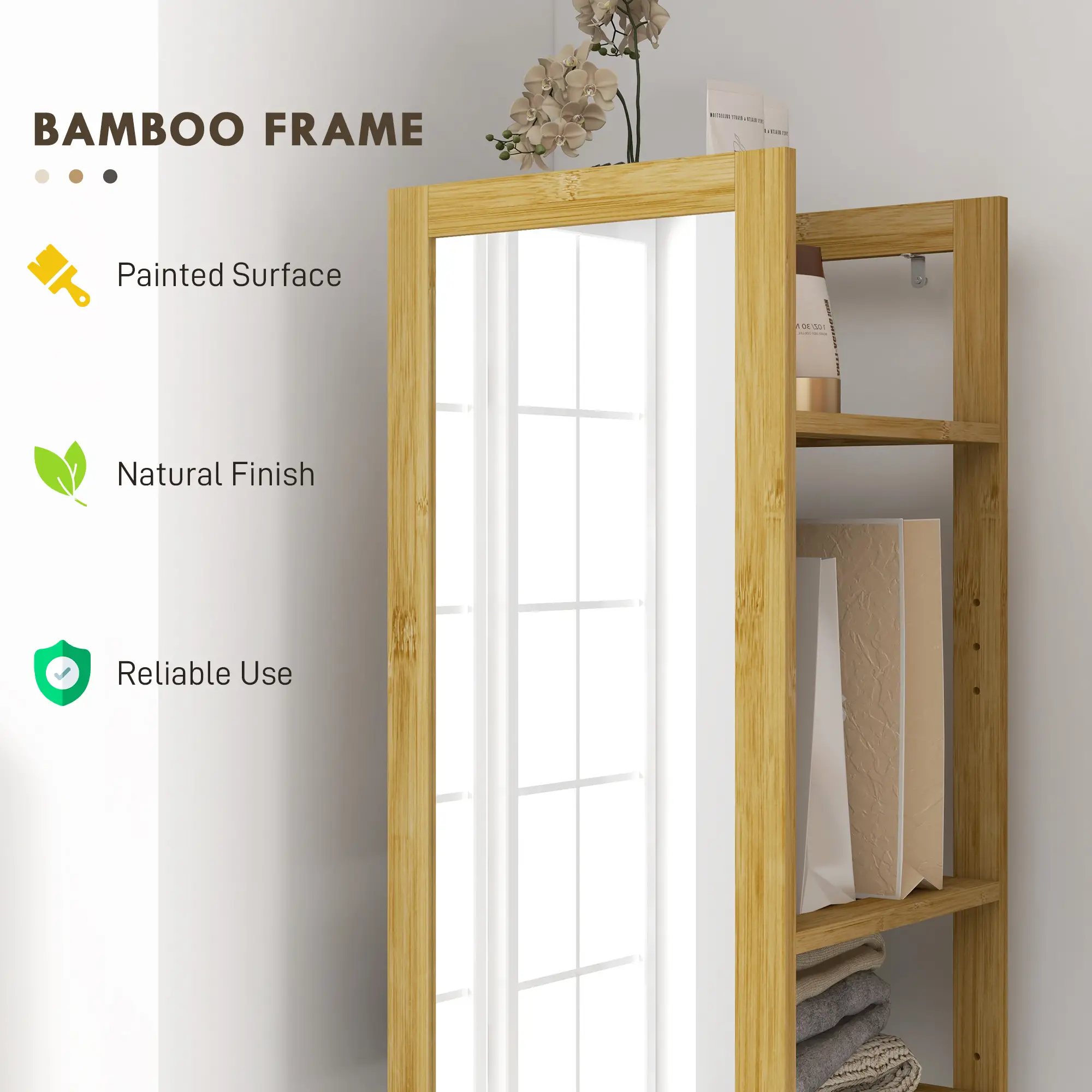 66" x 14" Standing Mirror, 6-Tier Shelf, Full Body Floor Mirror, Nature Wood - Image 5