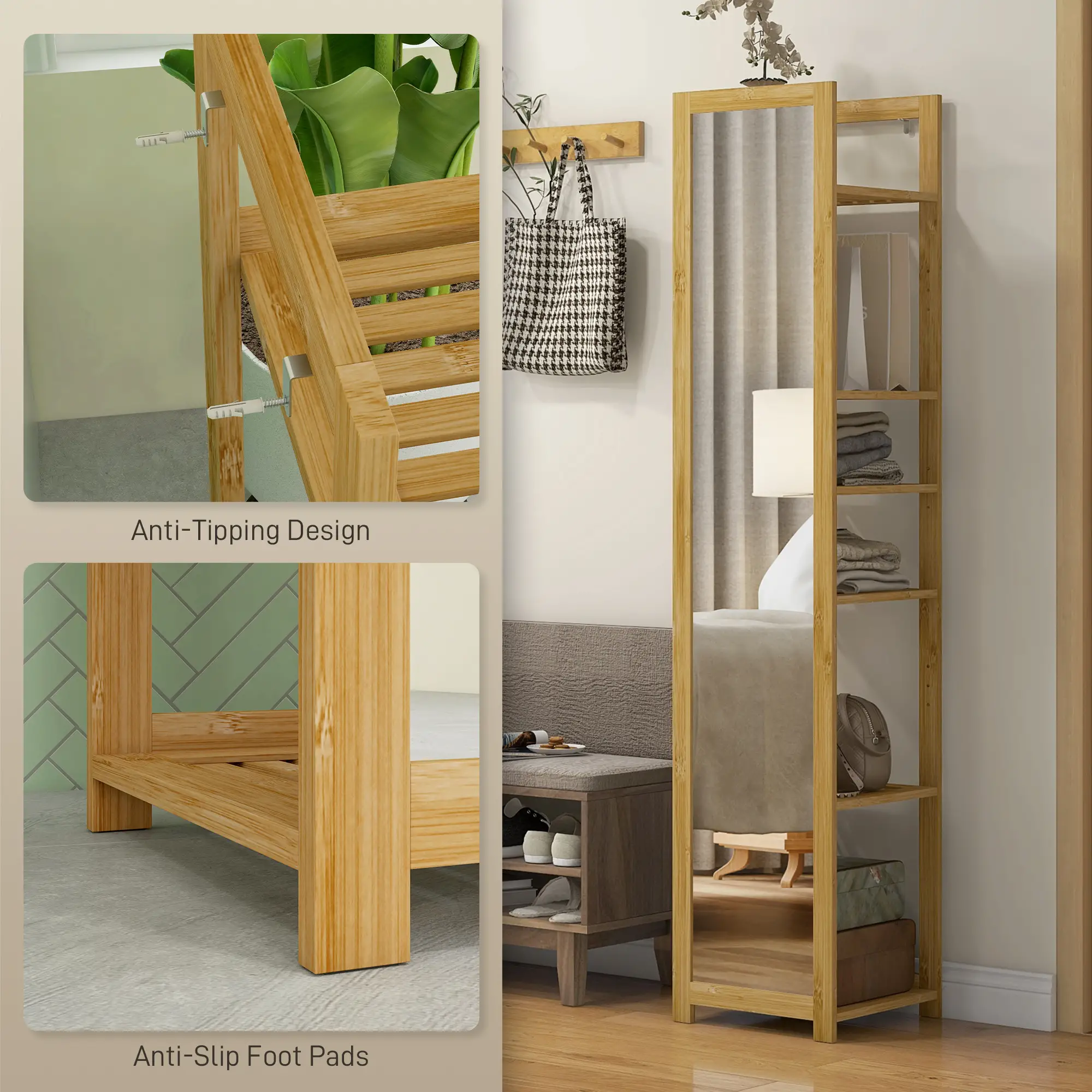 66" x 14" Standing Mirror, 6-Tier Shelf, Full Body Floor Mirror, Nature Wood - Image 6
