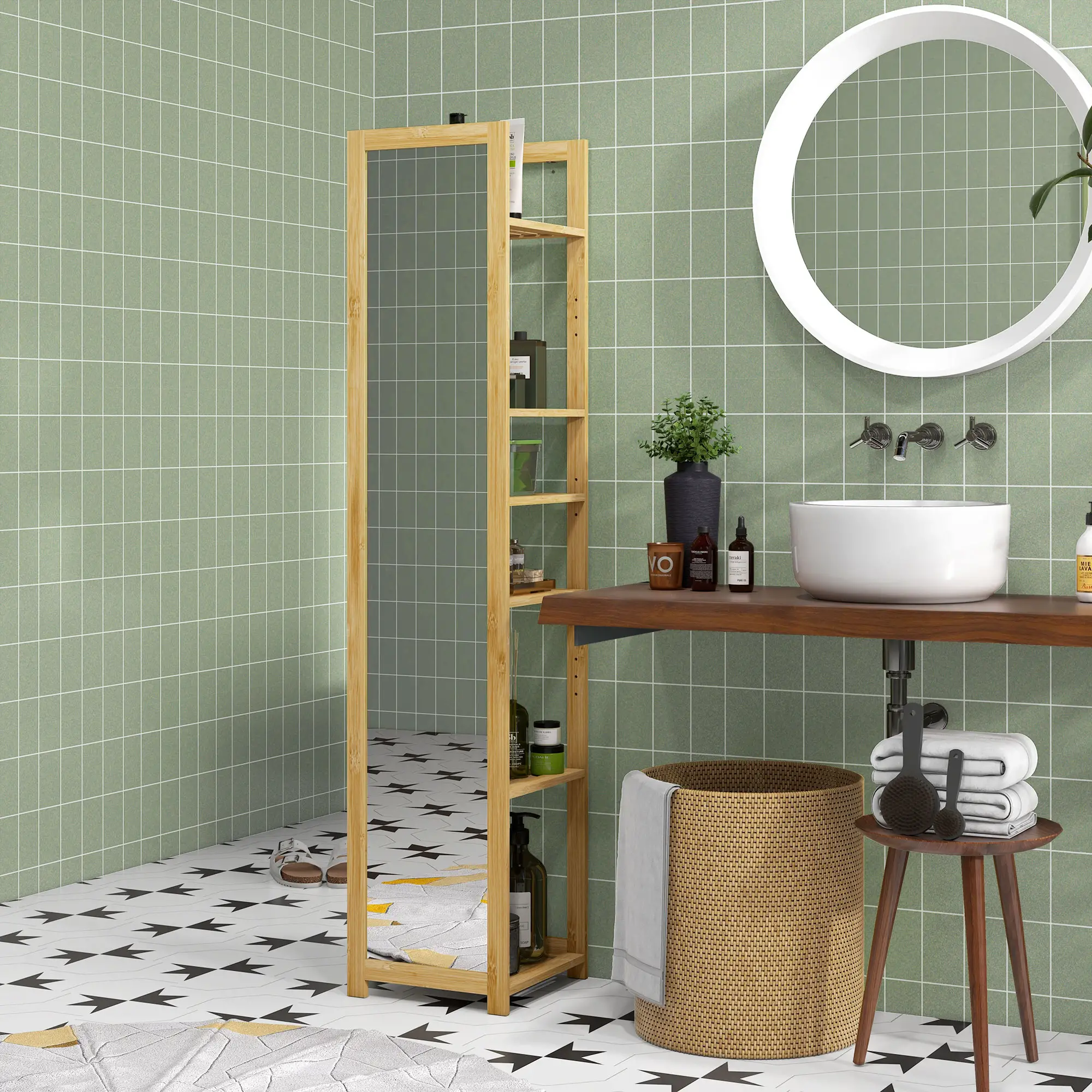 66" x 14" Standing Mirror, 6-Tier Shelf, Full Body Floor Mirror, Nature Wood - Image 7