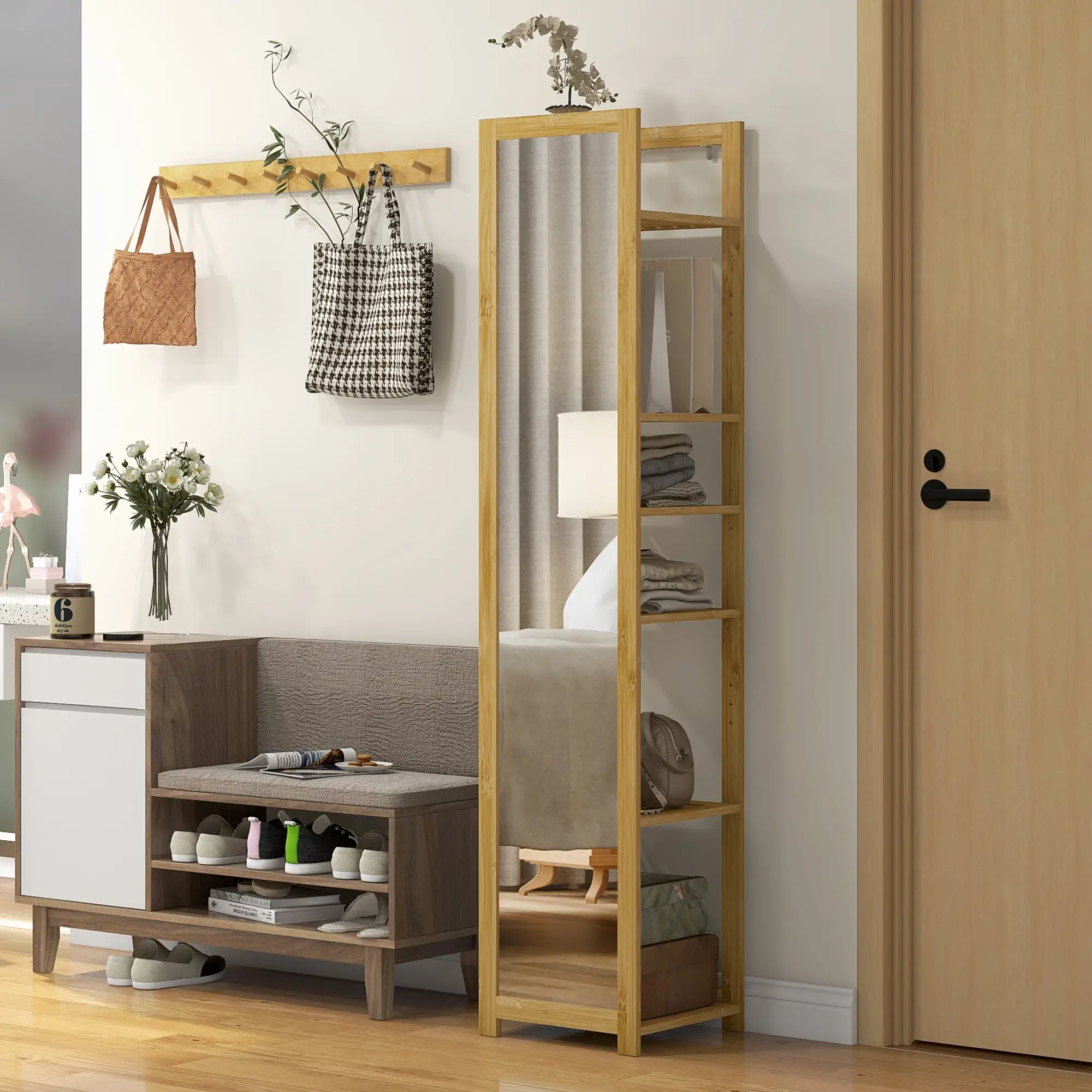 66" x 14" Standing Mirror, 6-Tier Shelf, Full Body Floor Mirror, Nature Wood - Image 8