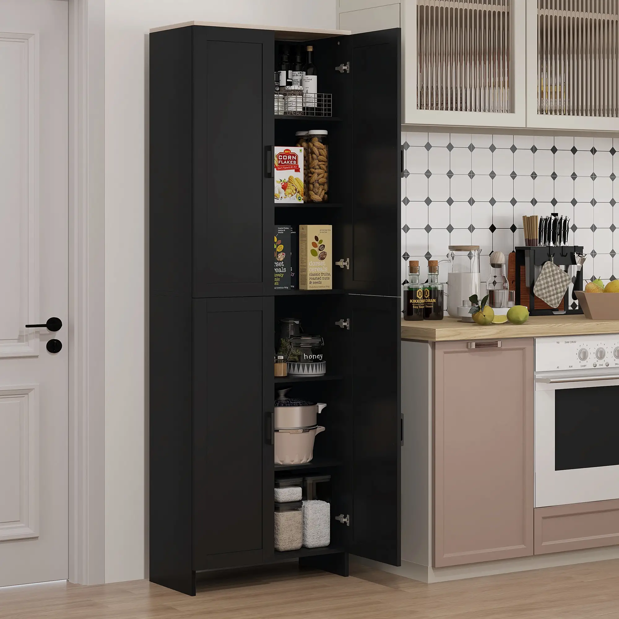 67" 4-Door Kitchen Pantry Cabinet, Adjustable Shelves, Black - Image 2