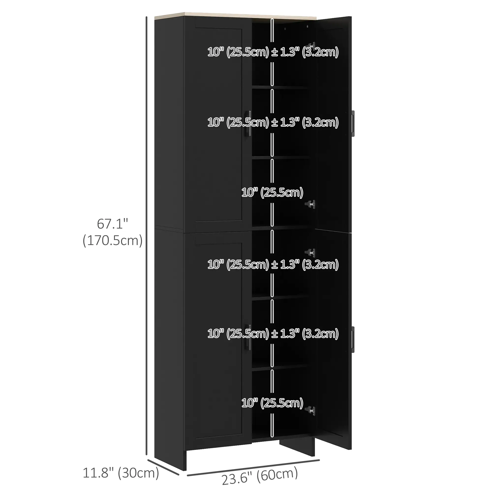 67" 4-Door Kitchen Pantry Cabinet, Adjustable Shelves, Black - Image 3