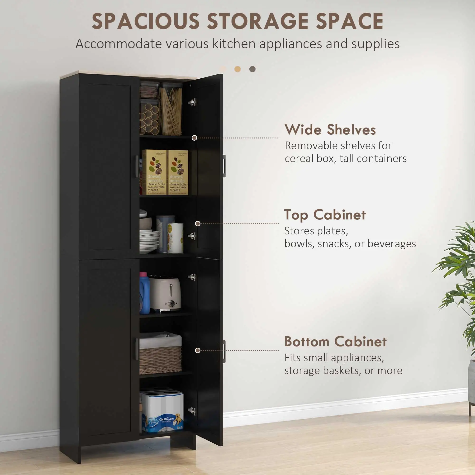 67" 4-Door Kitchen Pantry Cabinet, Adjustable Shelves, Black - Image 4
