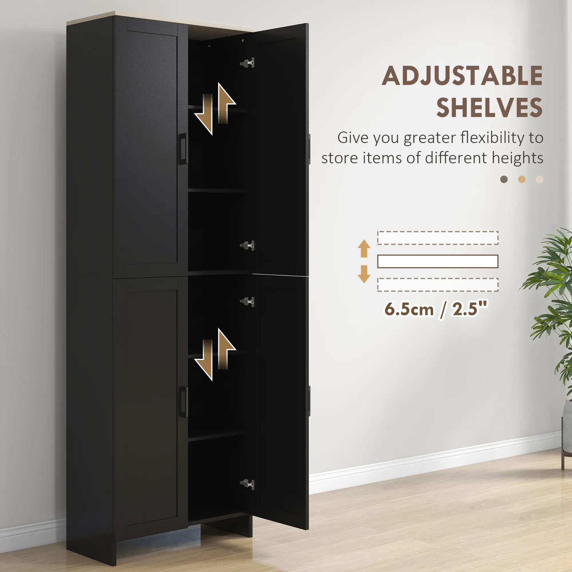 67" 4-Door Kitchen Pantry Cabinet, Adjustable Shelves, Black - Image 5