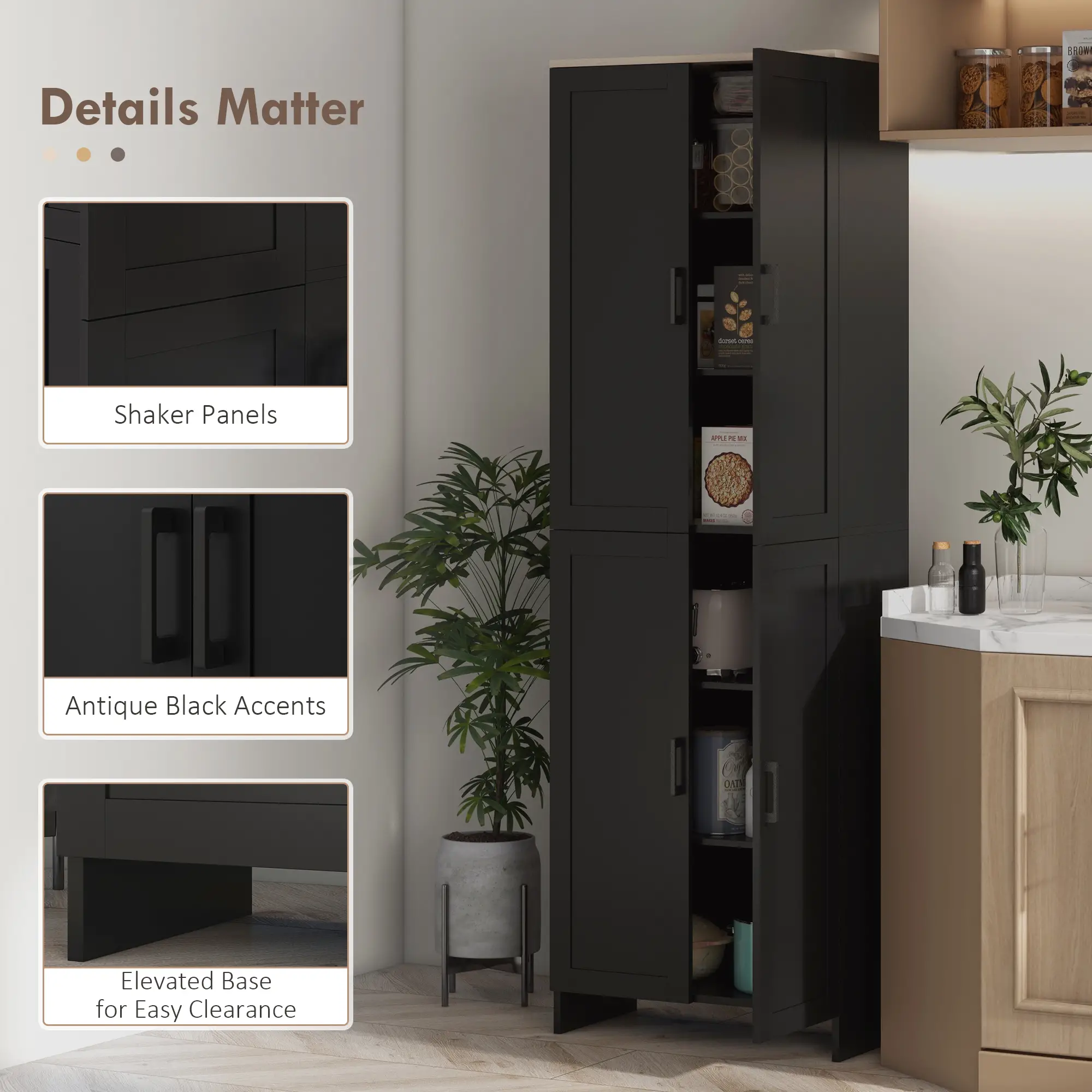 67" 4-Door Kitchen Pantry Cabinet, Adjustable Shelves, Black - Image 7
