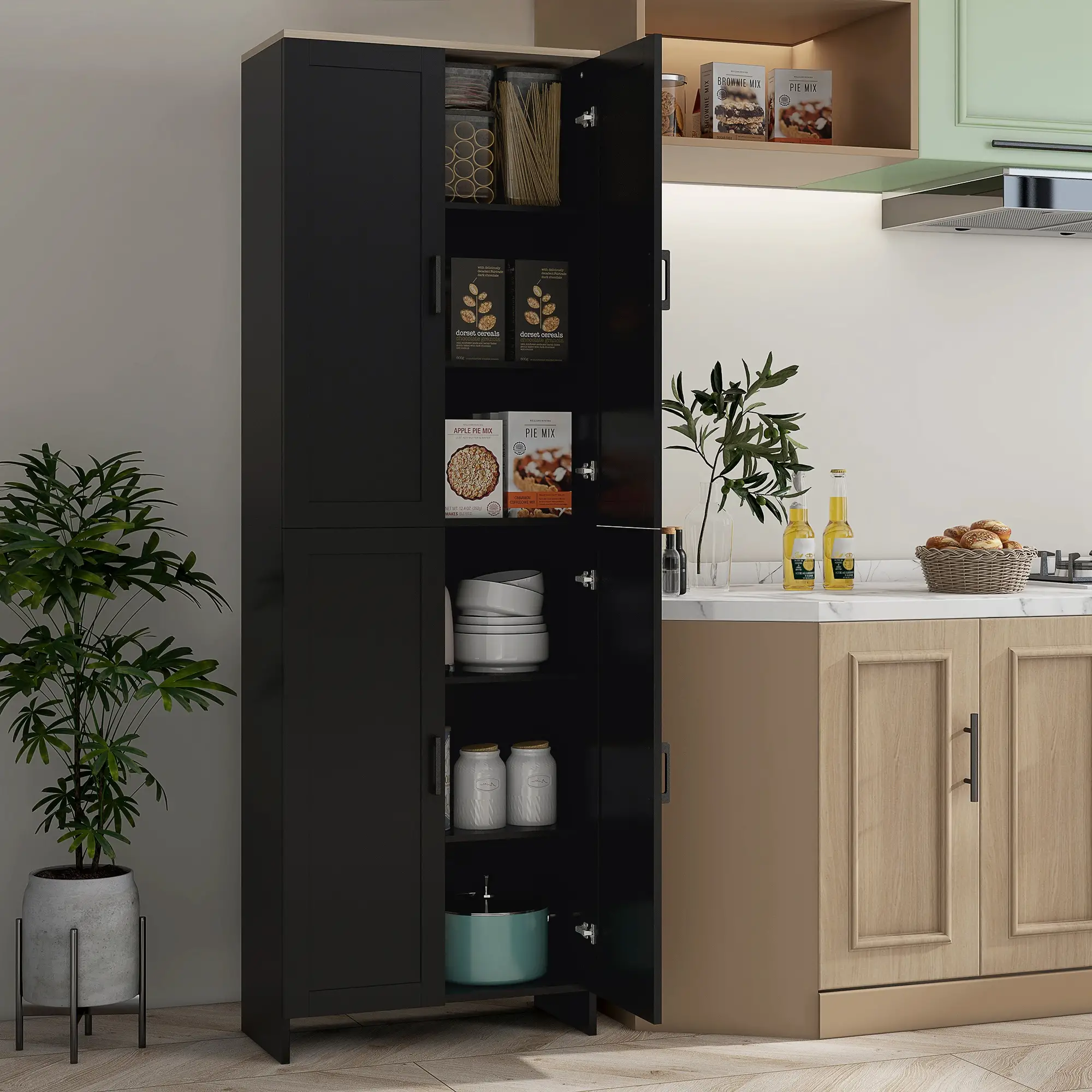 67" 4-Door Kitchen Pantry Cabinet, Adjustable Shelves, Black - Image 8