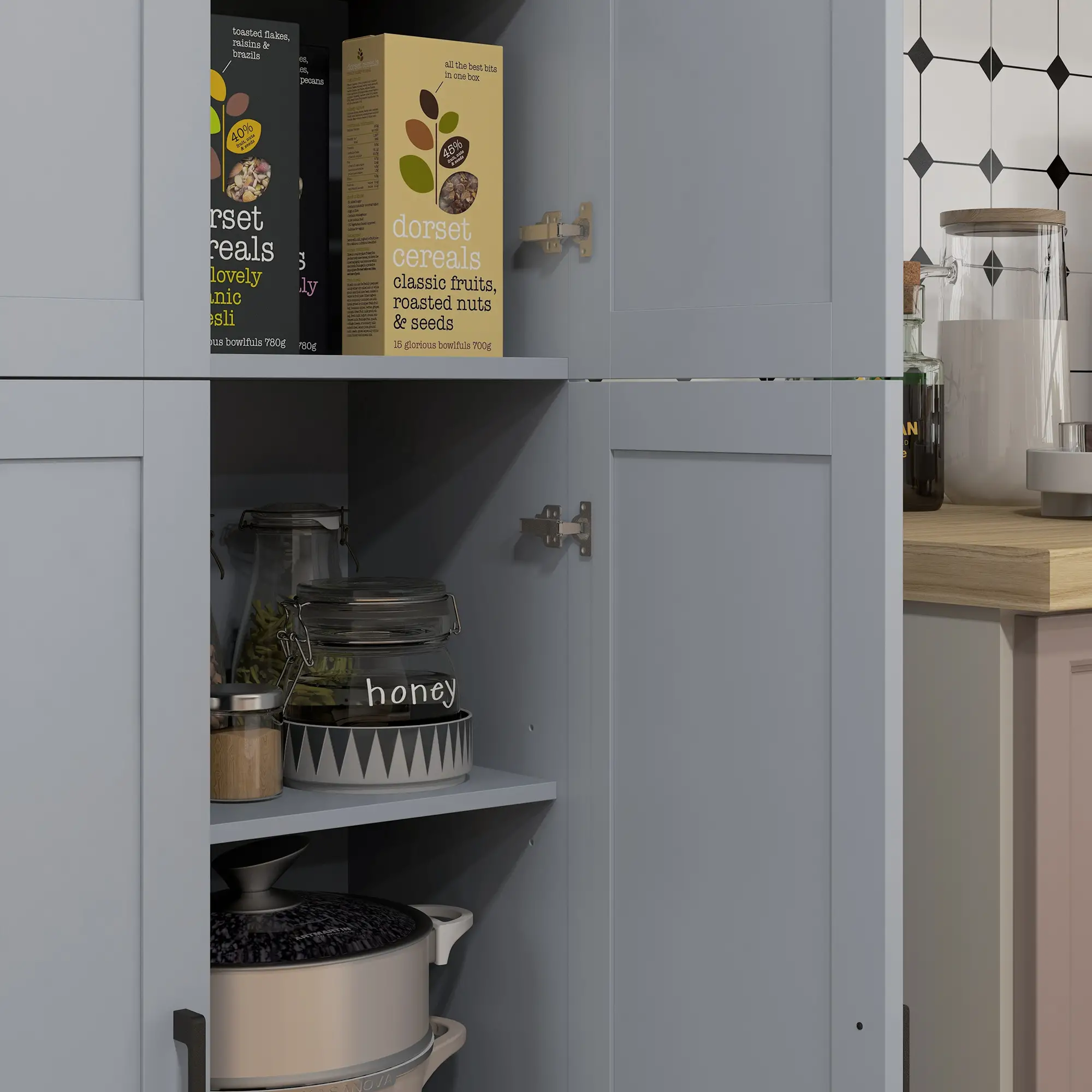 67" 4-Door Kitchen Pantry Cabinet, Freestanding, Adjustable Shelves, Grey - Image 10
