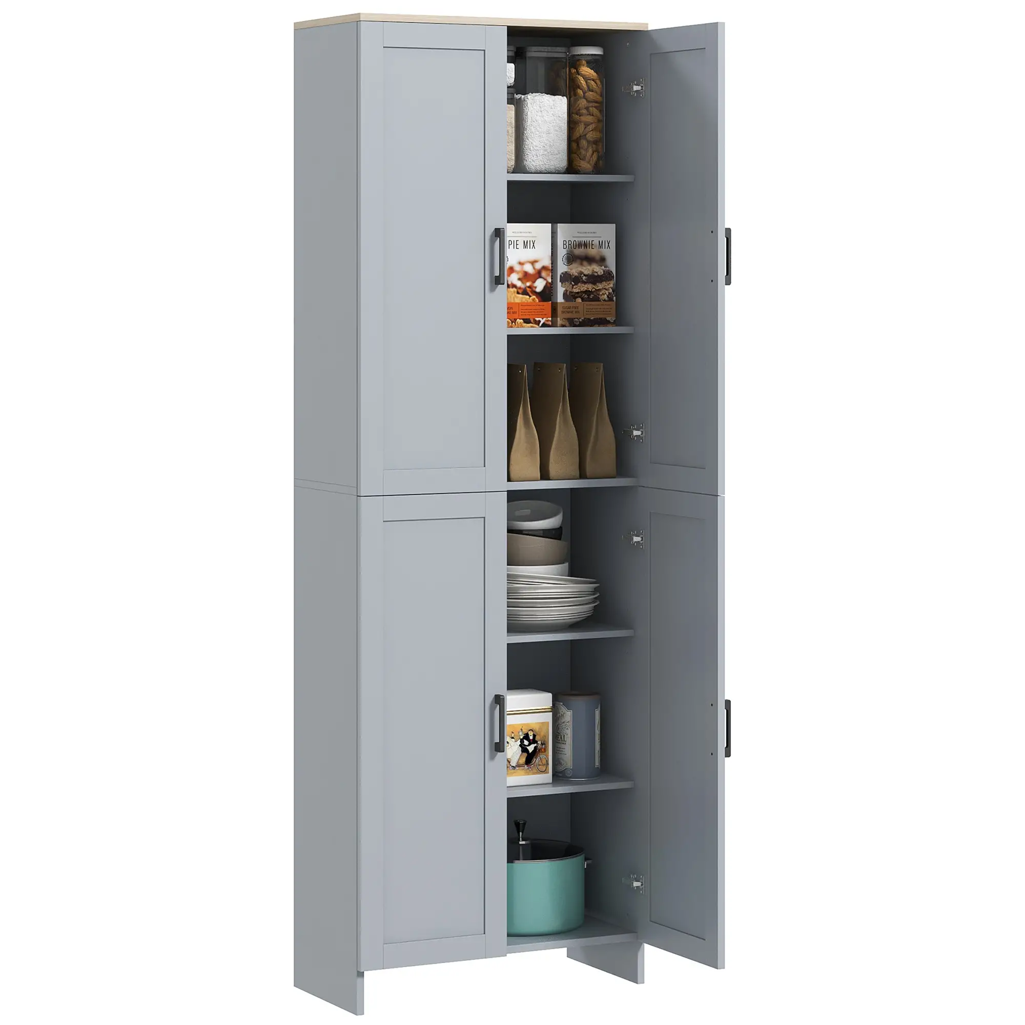 67" 4-Door Kitchen Pantry Cabinet, Freestanding, Adjustable Shelves, Grey - Image 11