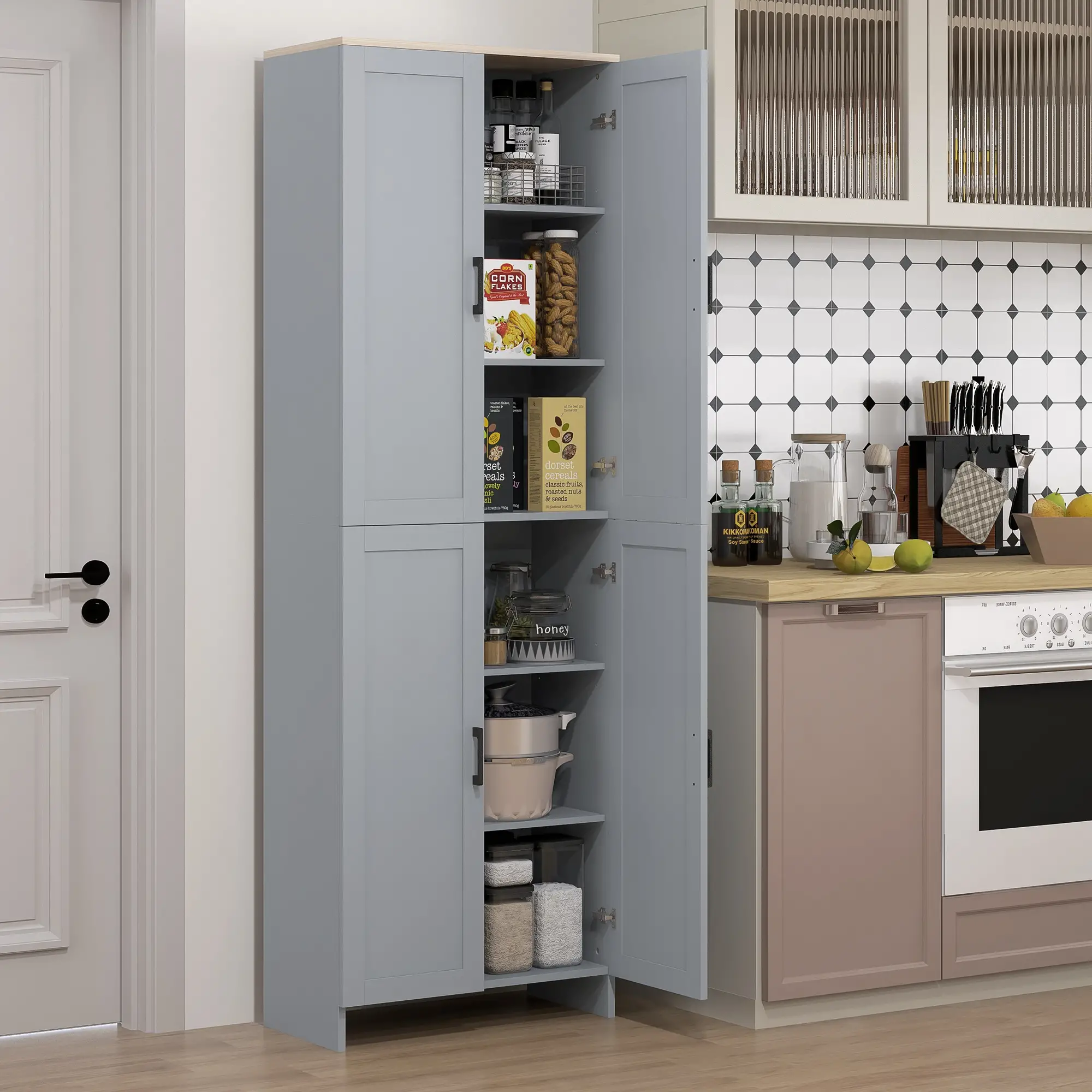 67" 4-Door Kitchen Pantry Cabinet, Freestanding, Adjustable Shelves, Grey - Image 2