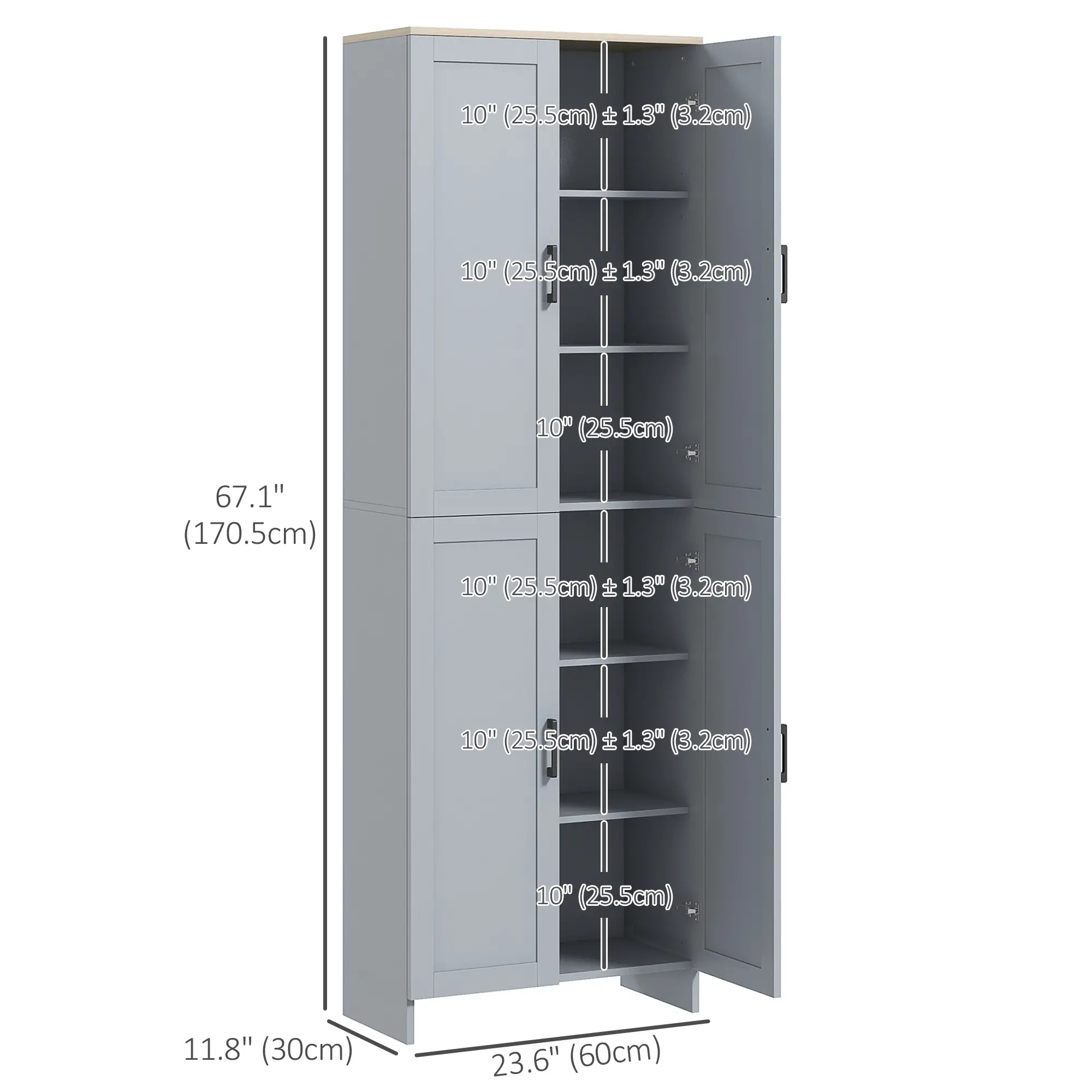 67" 4-Door Kitchen Pantry Cabinet, Freestanding, Adjustable Shelves, Grey - Image 3