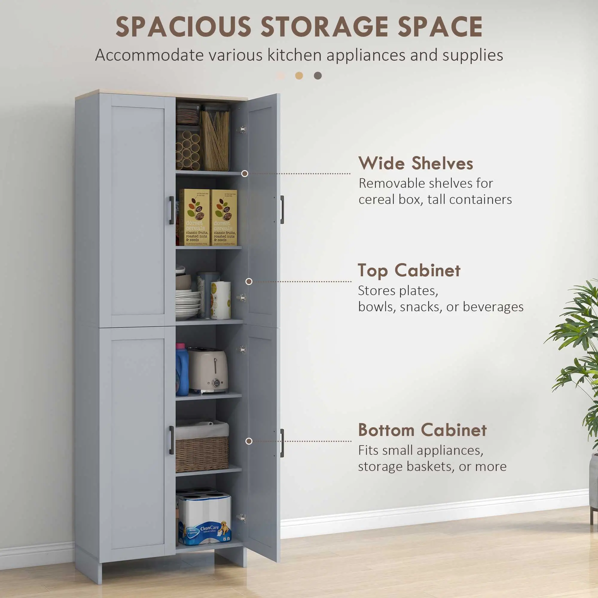 67" 4-Door Kitchen Pantry Cabinet, Freestanding, Adjustable Shelves, Grey - Image 4