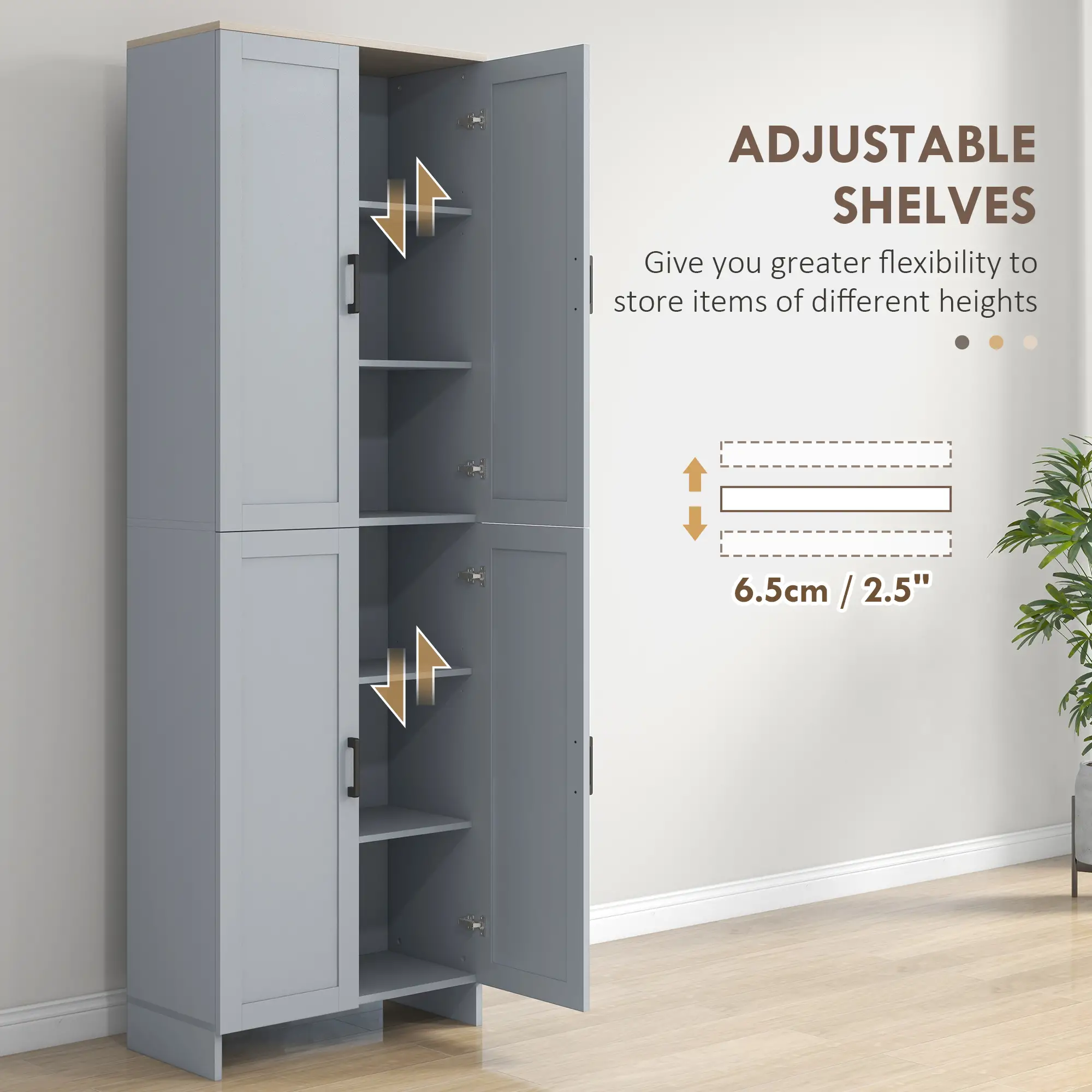 67" 4-Door Kitchen Pantry Cabinet, Freestanding, Adjustable Shelves, Grey - Image 5