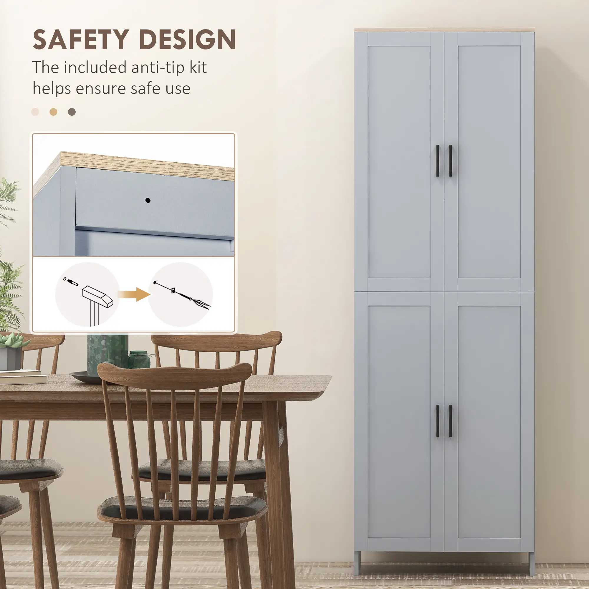 67" 4-Door Kitchen Pantry Cabinet, Freestanding, Adjustable Shelves, Grey - Image 6