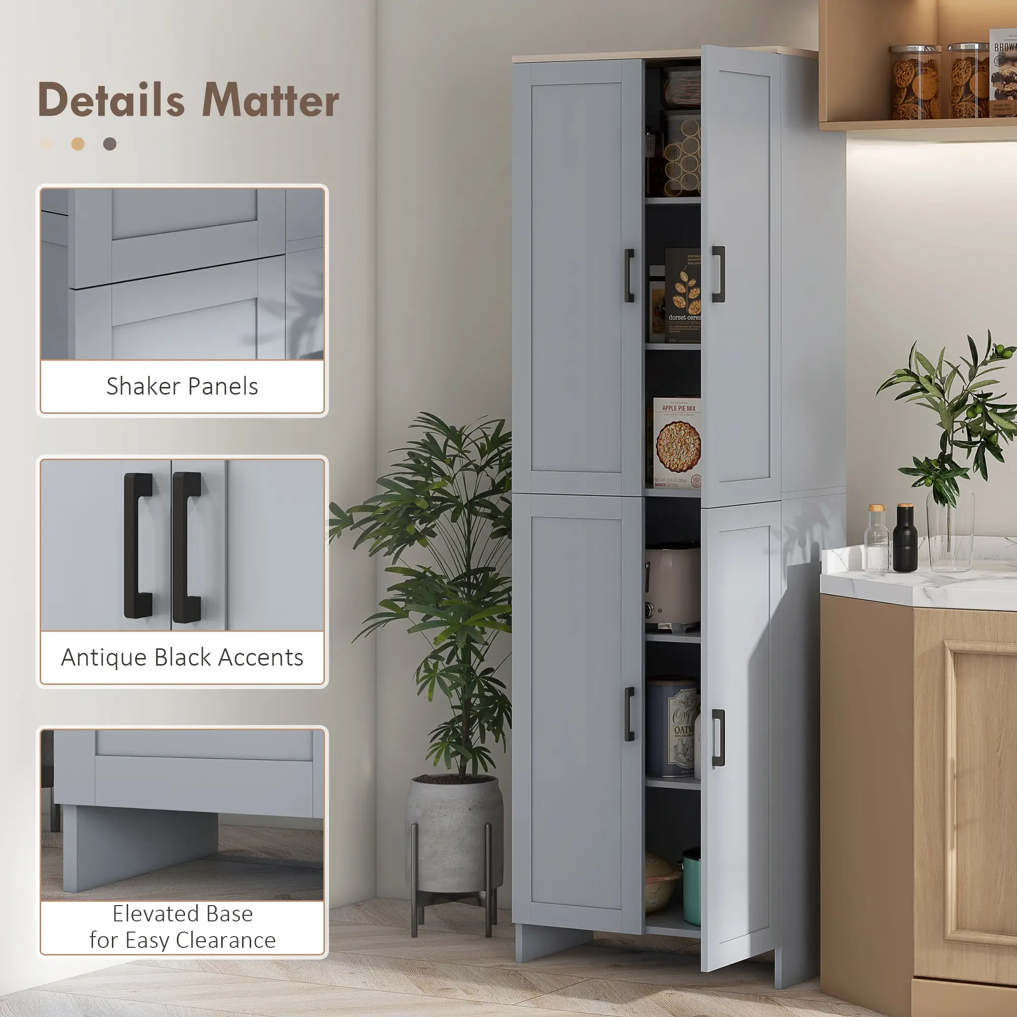 67" 4-Door Kitchen Pantry Cabinet, Freestanding, Adjustable Shelves, Grey - Image 7