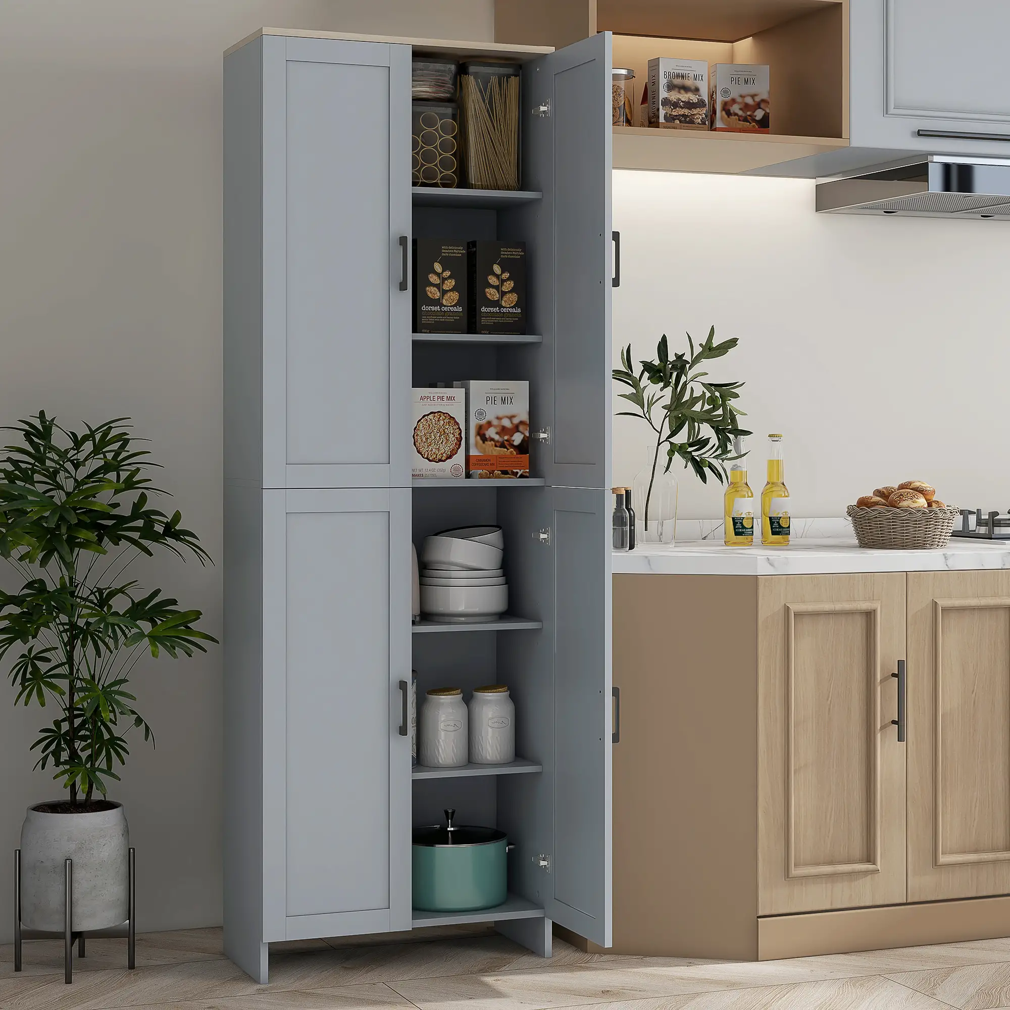 67" 4-Door Kitchen Pantry Cabinet, Freestanding, Adjustable Shelves, Grey - Image 8