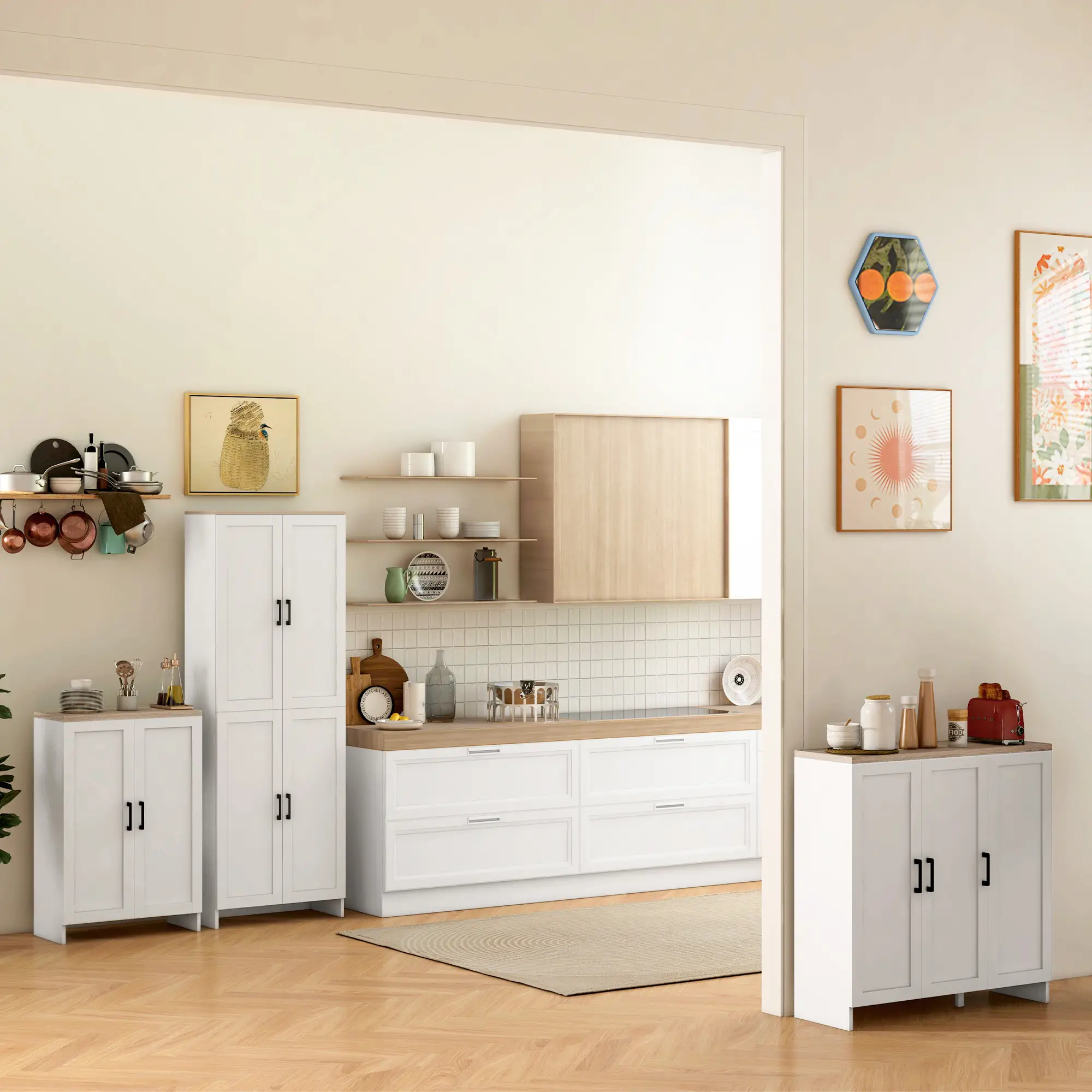 67" 4-Door Kitchen Pantry Cabinet, Freestanding, Adjustable Shelves, White - Image 10