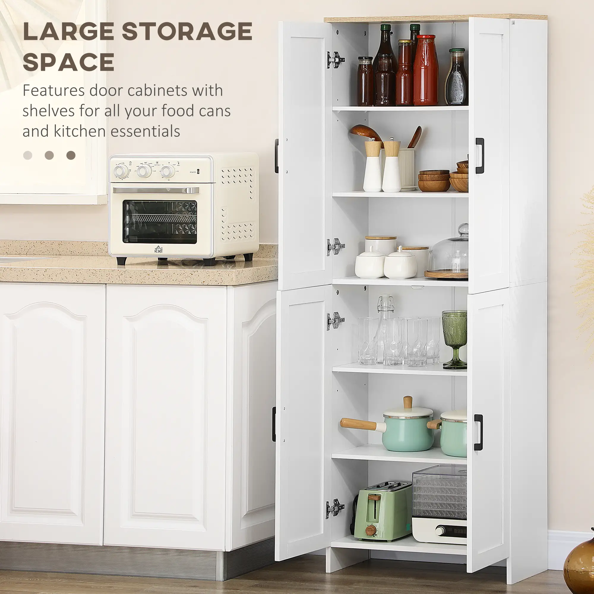 67" 4-Door Kitchen Pantry Cabinet, Freestanding, Adjustable Shelves, White - Image 4