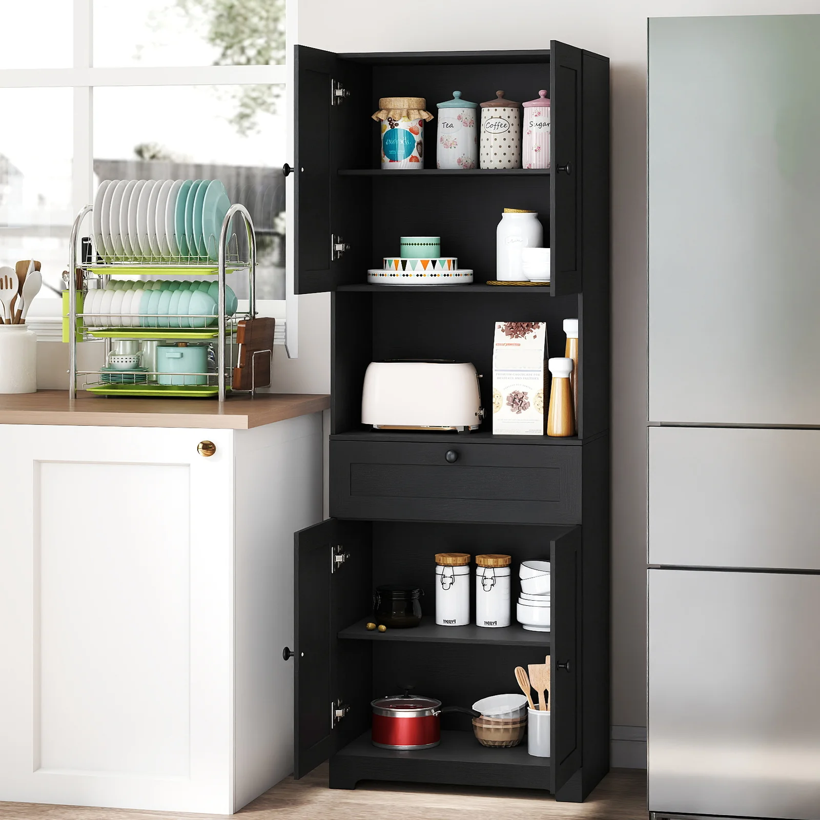 67.5 Inch Tall Freestanding Floor Cabinet, 4 Doors, 1 Drawer, Black - Image 7