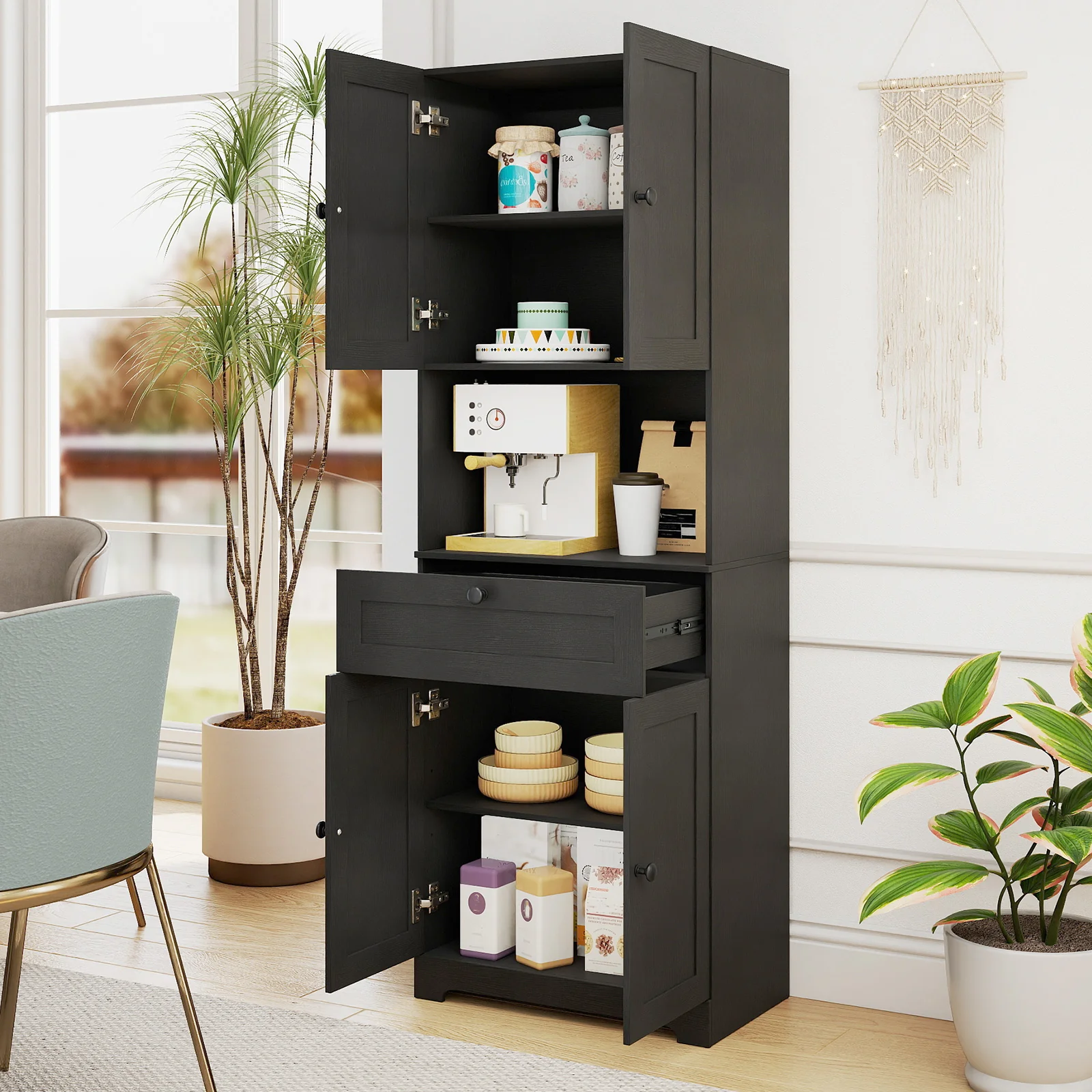 67.5 Inch Tall Freestanding Floor Cabinet, 4 Doors, 1 Drawer, Black - Image 8