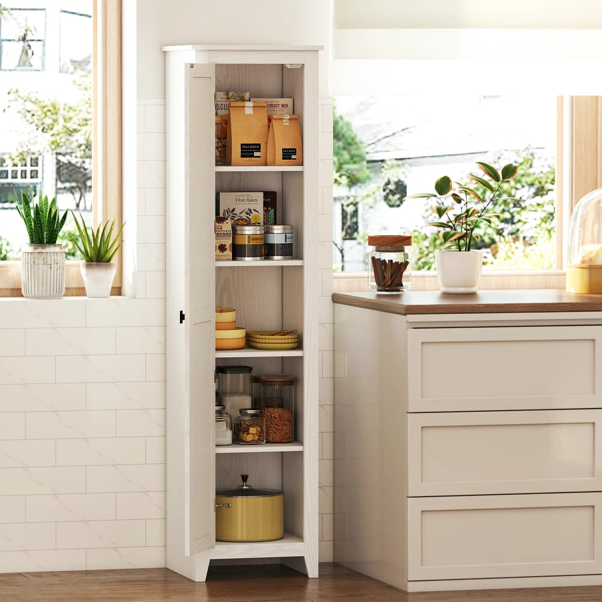 67 Farmhouse Kitchen Pantry Cabinet, Adjustable Shelves, White - Image 8
