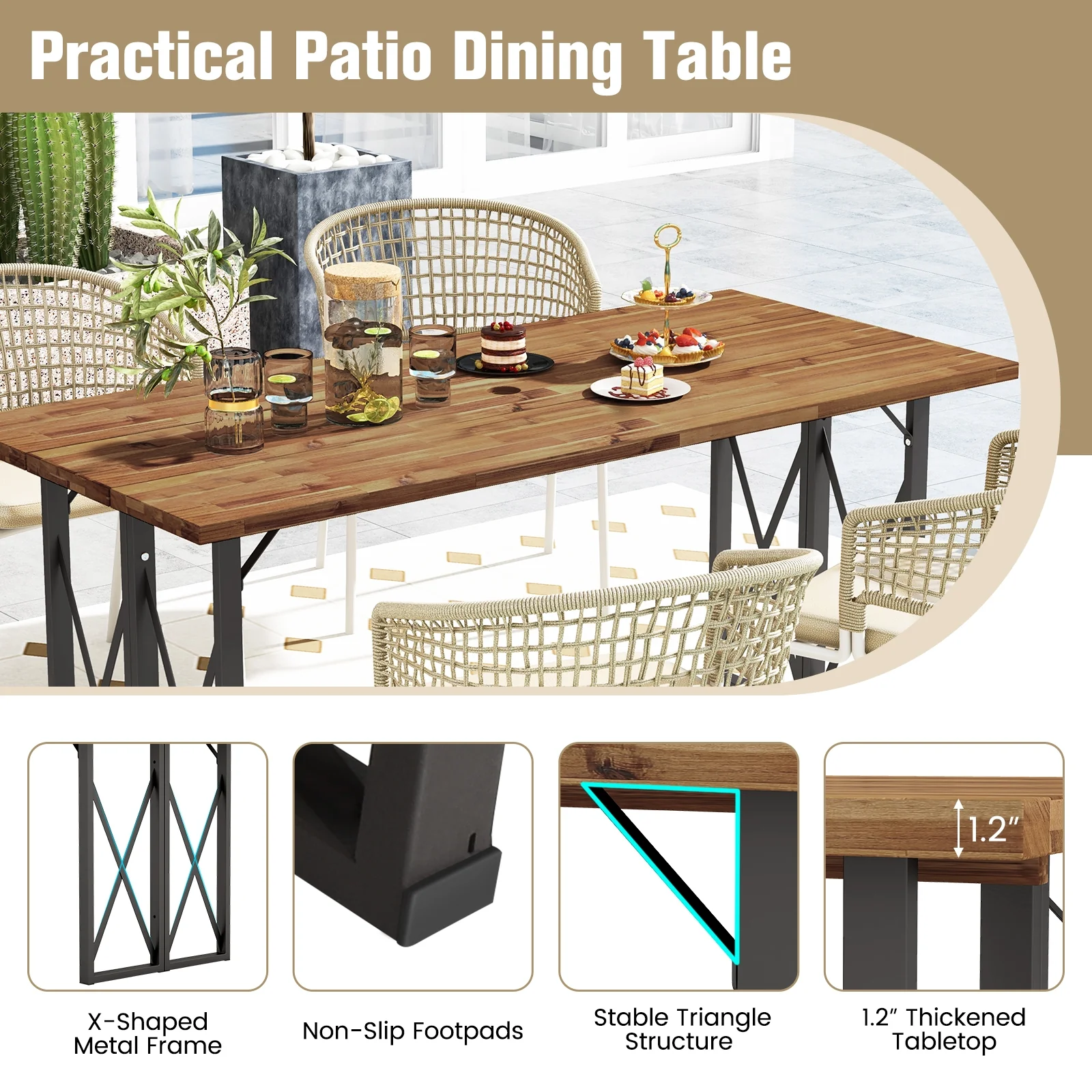 67 Inch Acacia Wood Patio Dining Table, Umbrella Hole, Brown - Image 10