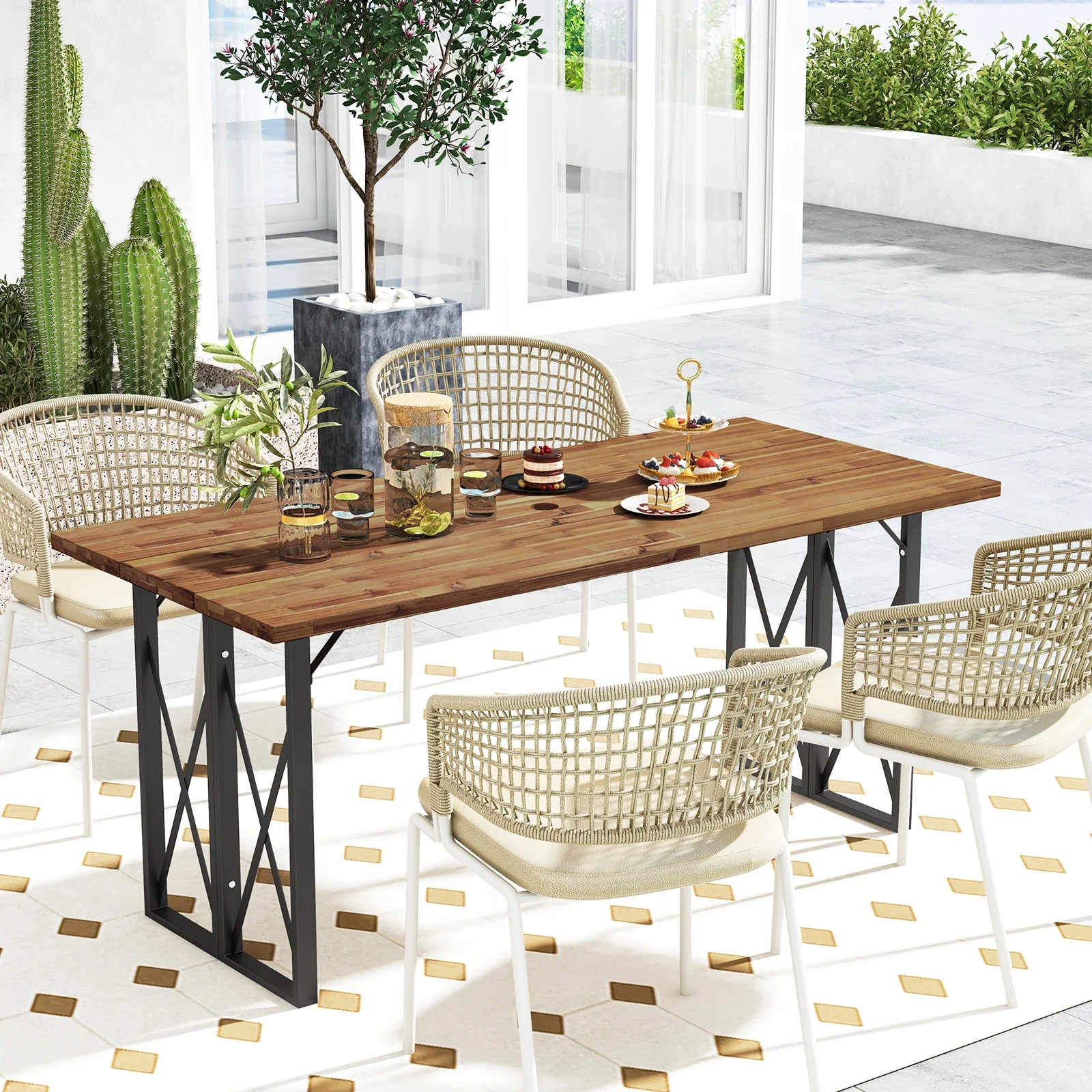 67 Inch Acacia Wood Patio Dining Table, Umbrella Hole, Brown - Image 2