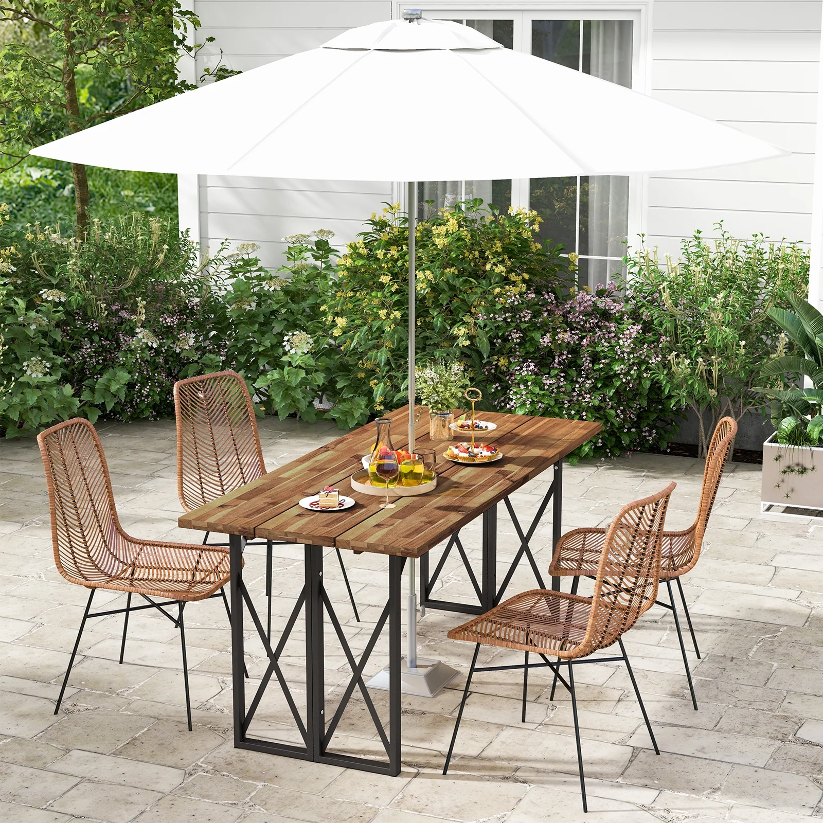 67 Inch Acacia Wood Patio Dining Table, Umbrella Hole, Brown - Image 3