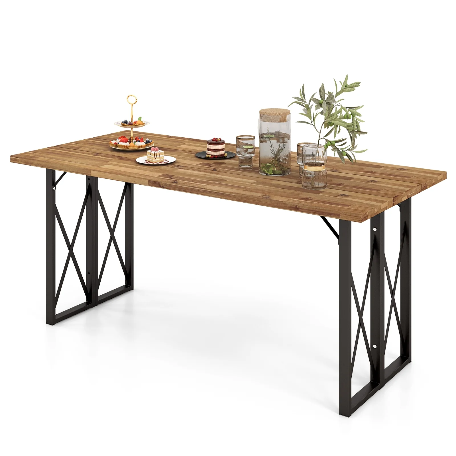 67 Inch Acacia Wood Patio Dining Table, Umbrella Hole, Brown - Image 5