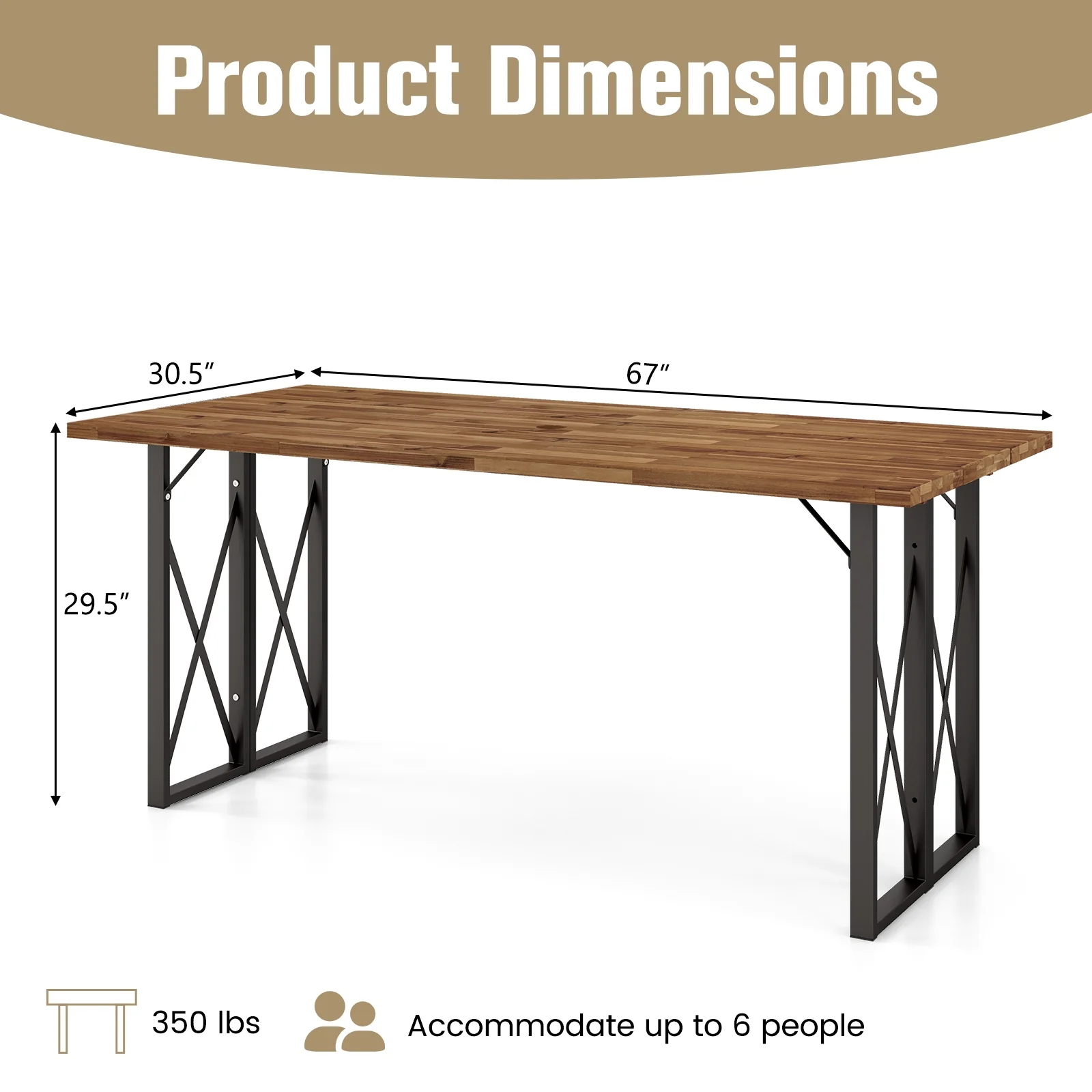 67 Inch Acacia Wood Patio Dining Table, Umbrella Hole, Brown - Image 6