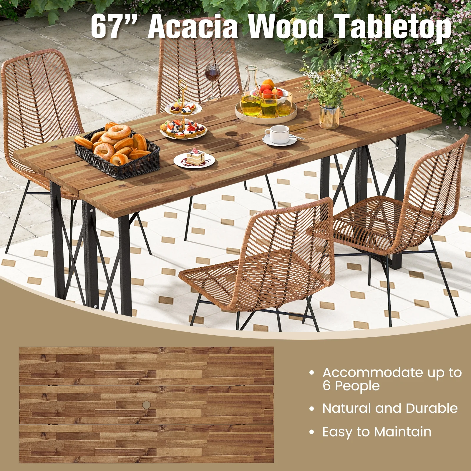 67 Inch Acacia Wood Patio Dining Table, Umbrella Hole, Brown - Image 8