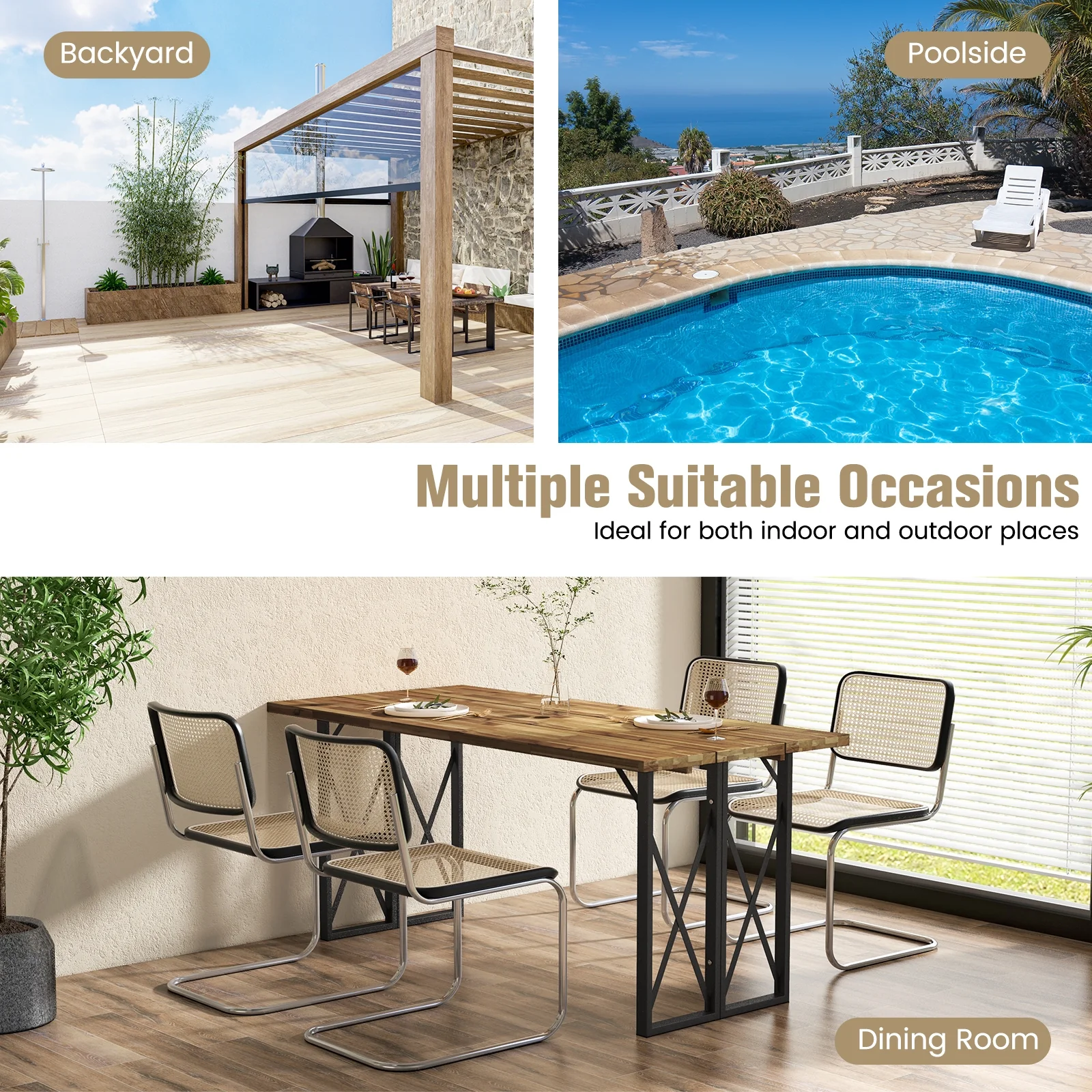 67 Inch Acacia Wood Patio Dining Table, Umbrella Hole, Brown - Image 9
