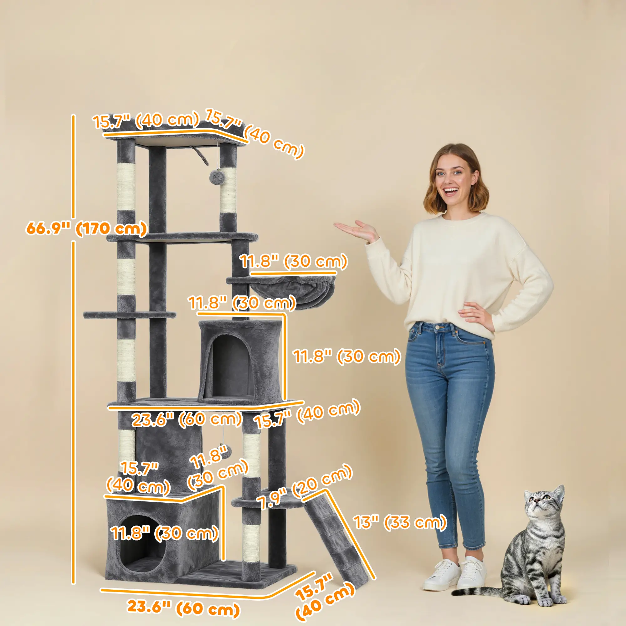 67 Inch Large Cat Tree, 7 Scratching Posts, Tunnel, 2 Condos, Hammock, Dark Grey - Image 3