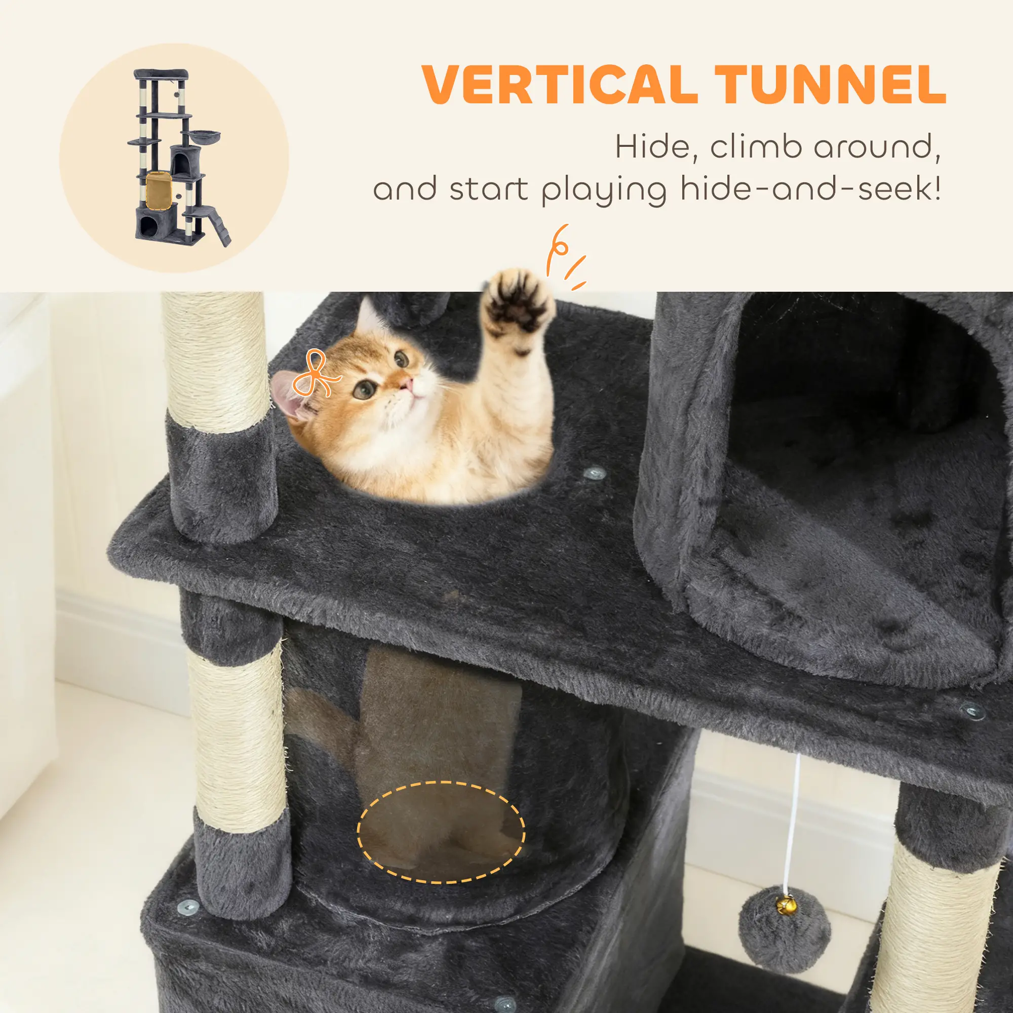 67 Inch Large Cat Tree, 7 Scratching Posts, Tunnel, 2 Condos, Hammock, Dark Grey - Image 4