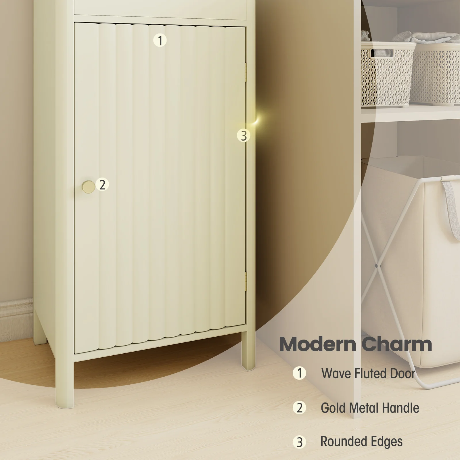 67 Inch Tall Narrow Bathroom Cabinet, Fluted Door, Beige - Image 10