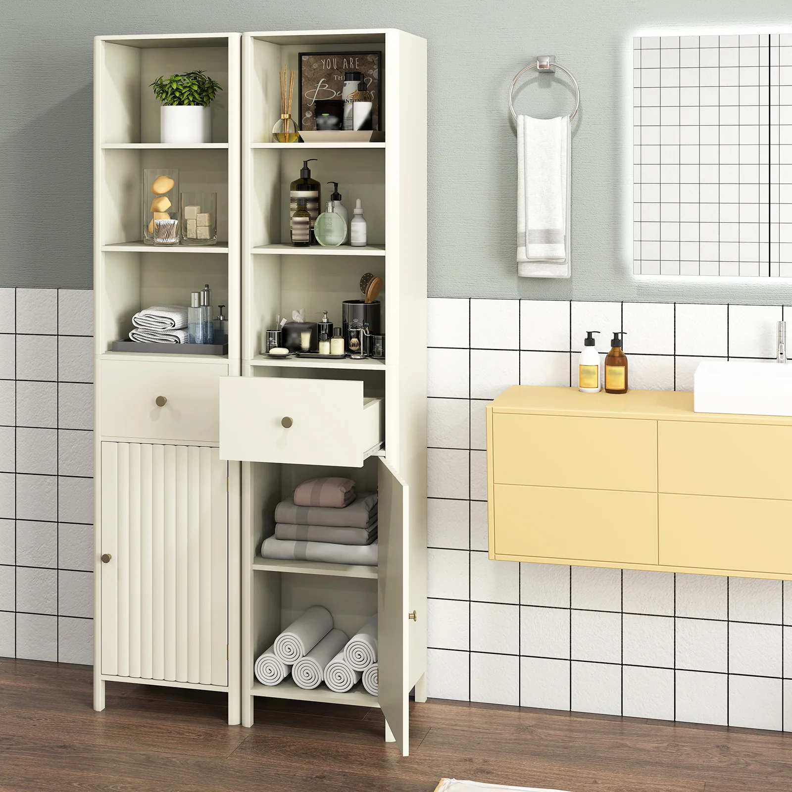 67 Inch Tall Narrow Bathroom Cabinet, Fluted Door, Beige - Image 3