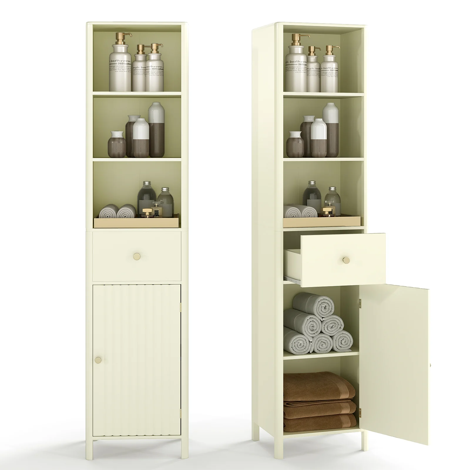 67 Inch Tall Narrow Bathroom Cabinet, Fluted Door, Beige - Image 5