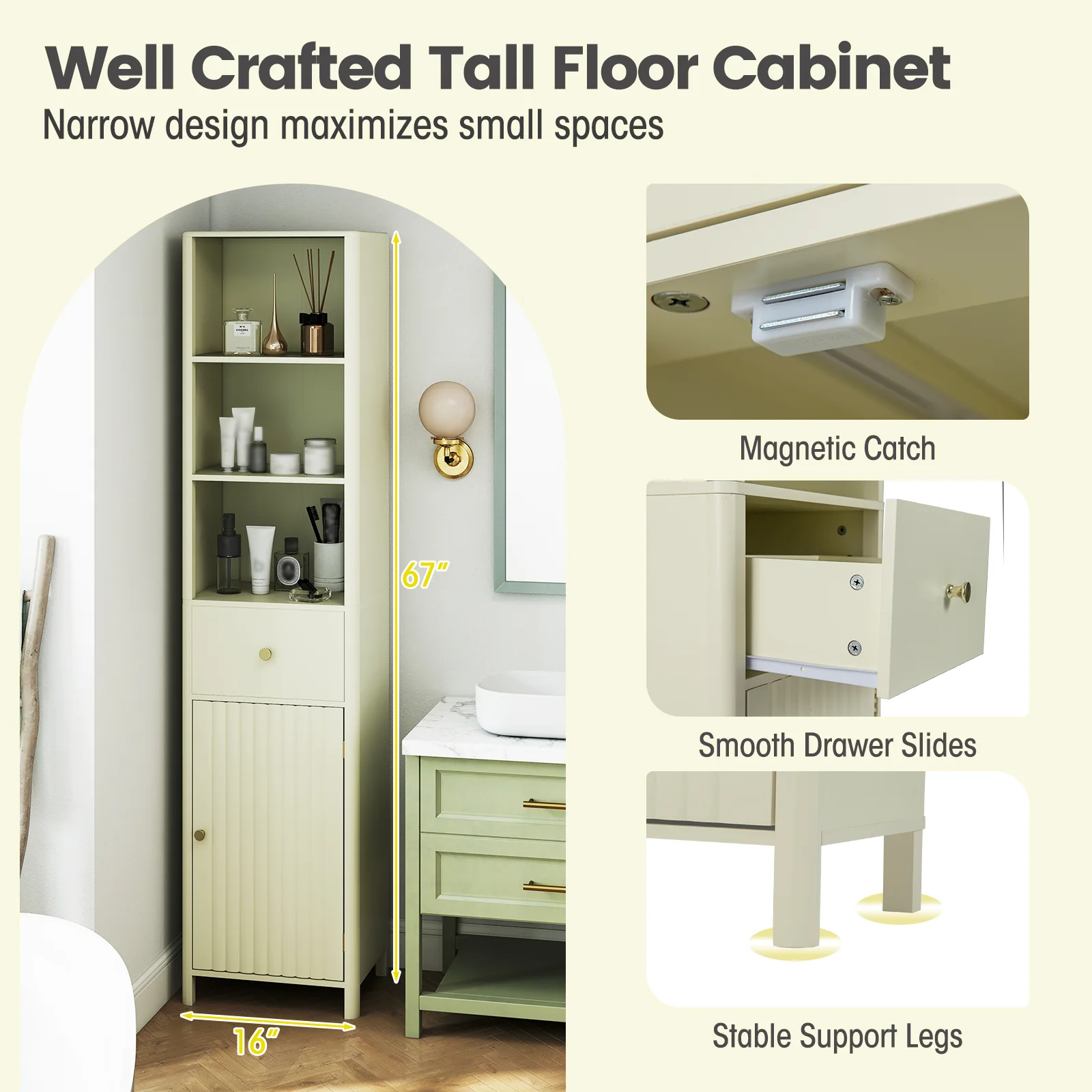 67 Inch Tall Narrow Bathroom Cabinet, Fluted Door, Beige - Image 7