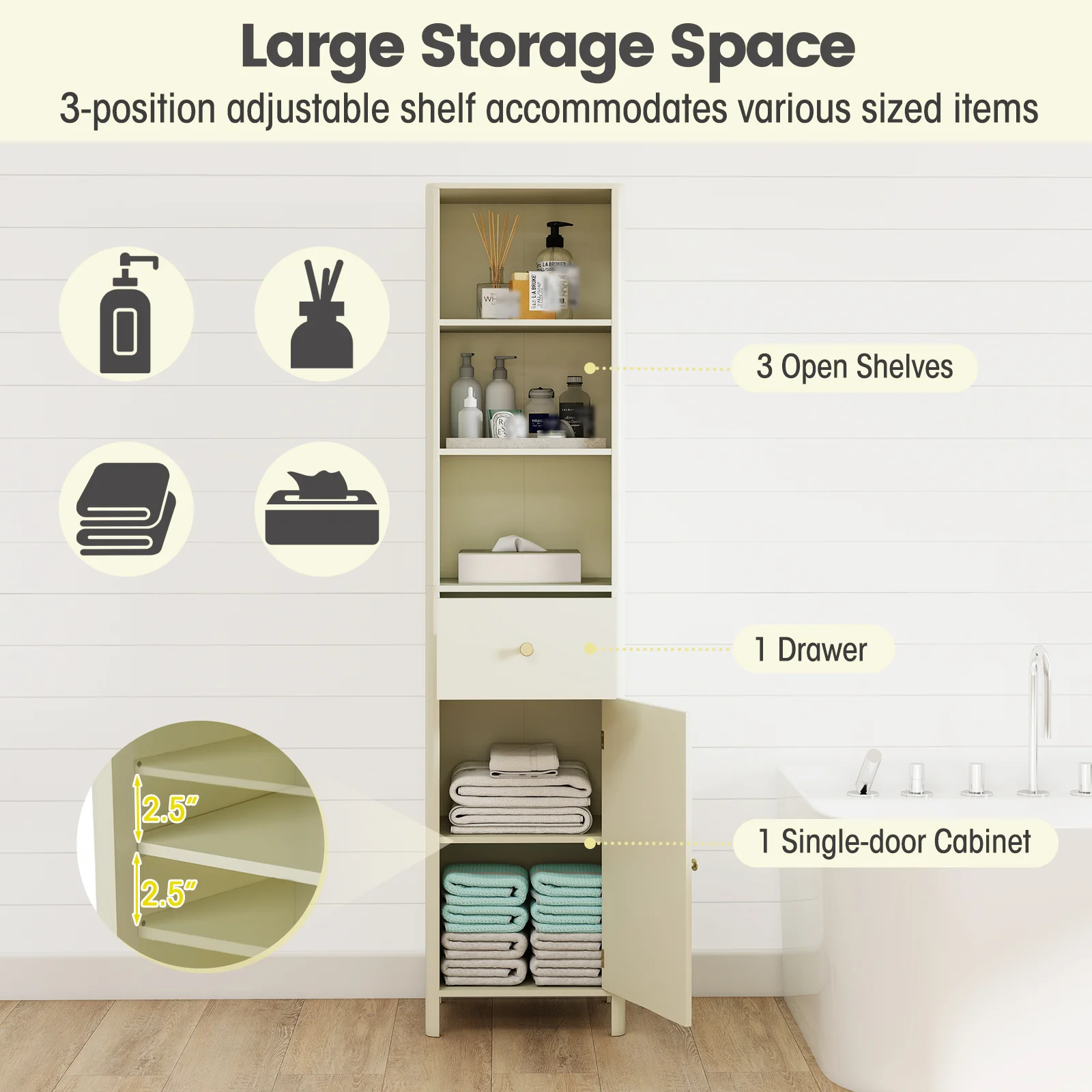 67 Inch Tall Narrow Bathroom Cabinet, Fluted Door, Beige - Image 8