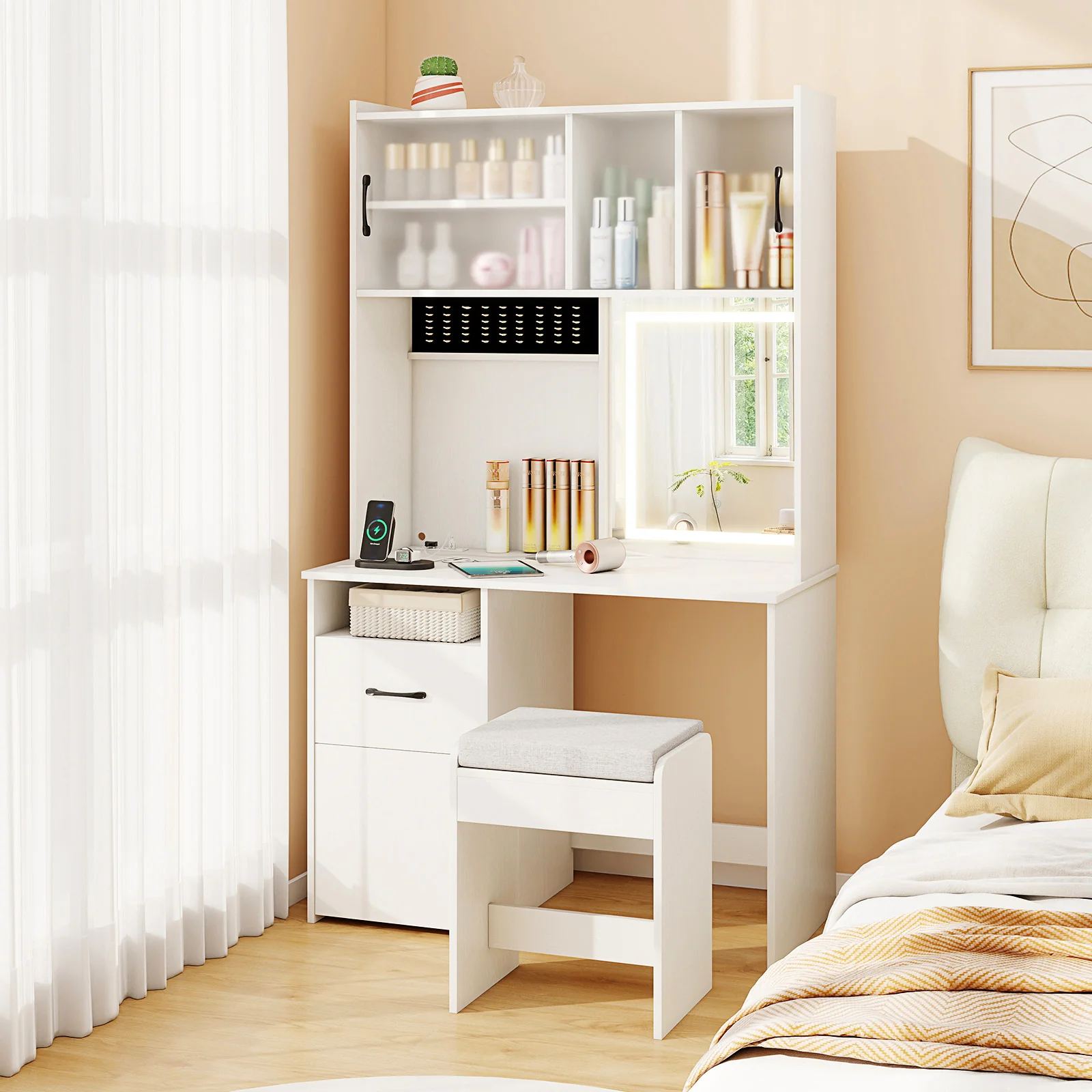 67 Inches Tall Vanity Set with Mirror Makeup Dressing Table with Charging Station, White - Image 2