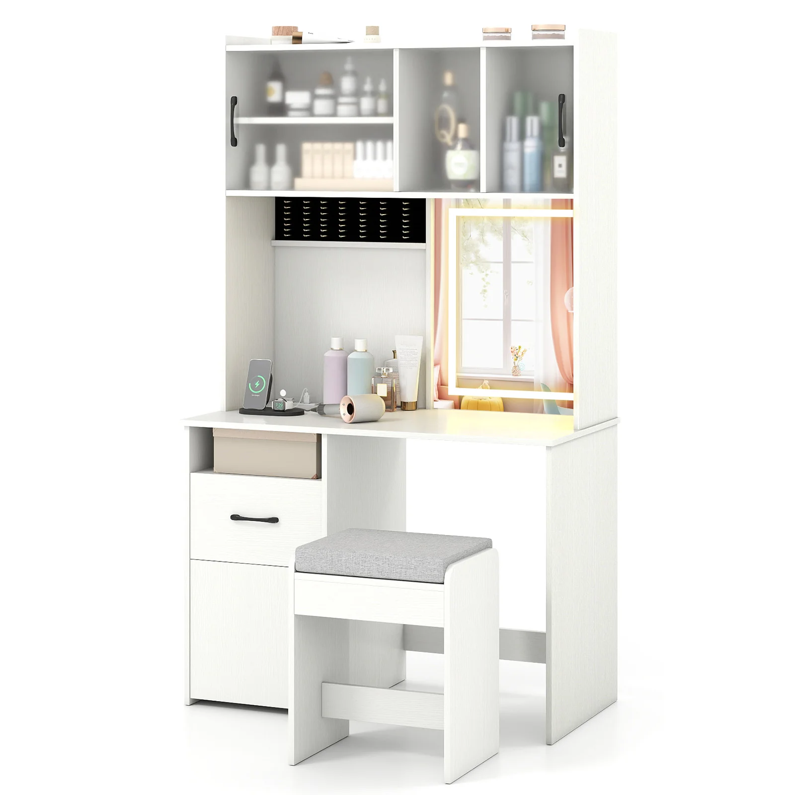 67 Inches Tall Vanity Set with Mirror Makeup Dressing Table with Charging Station, White - Image 4