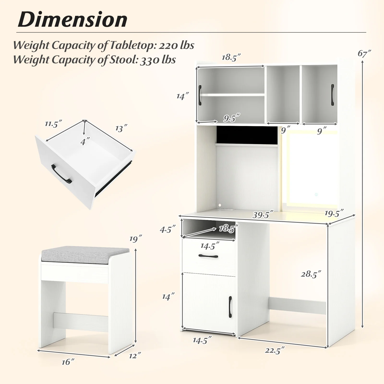 67 Inches Tall Vanity Set with Mirror Makeup Dressing Table with Charging Station, White - Image 5