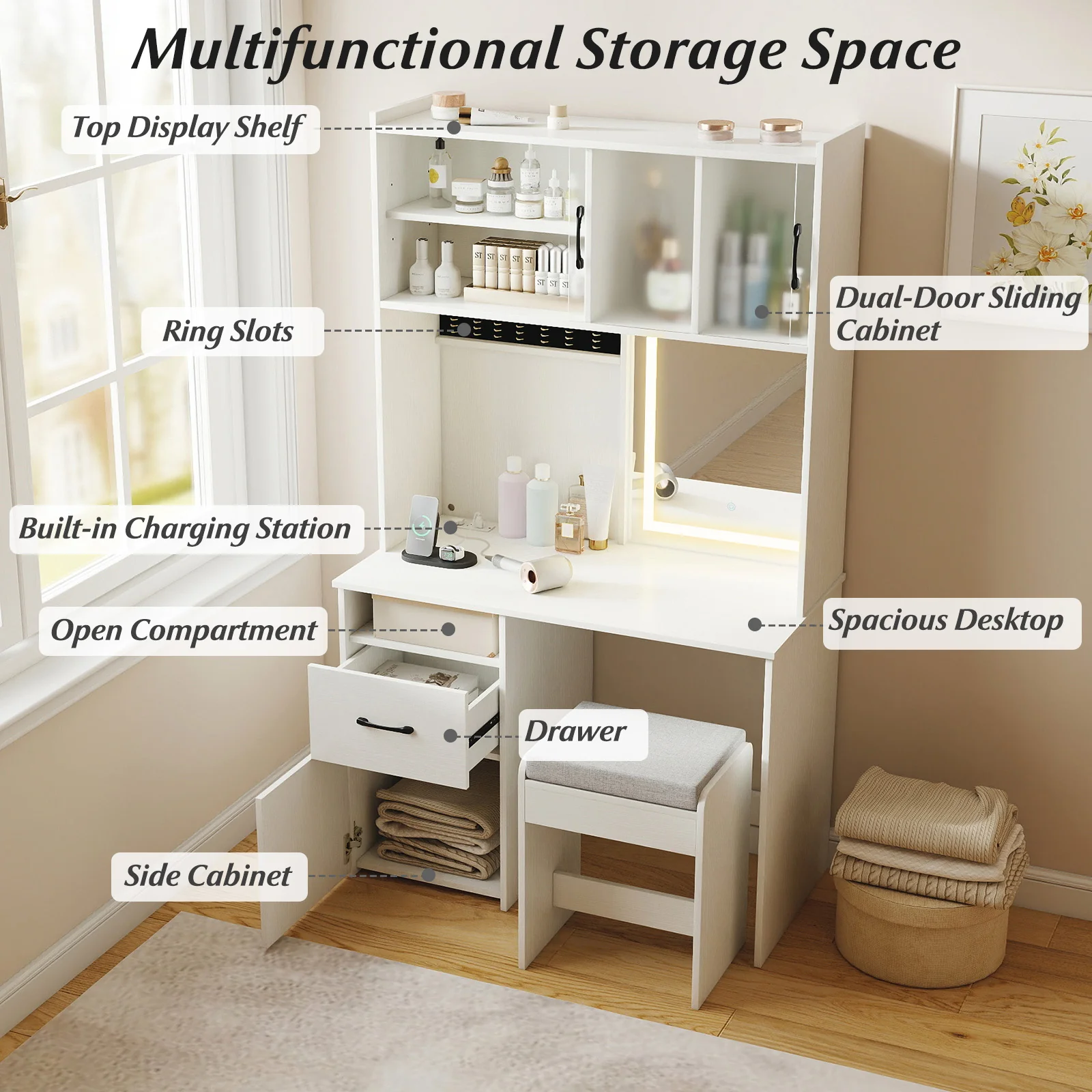 67 Inches Tall Vanity Set with Mirror Makeup Dressing Table with Charging Station, White - Image 9