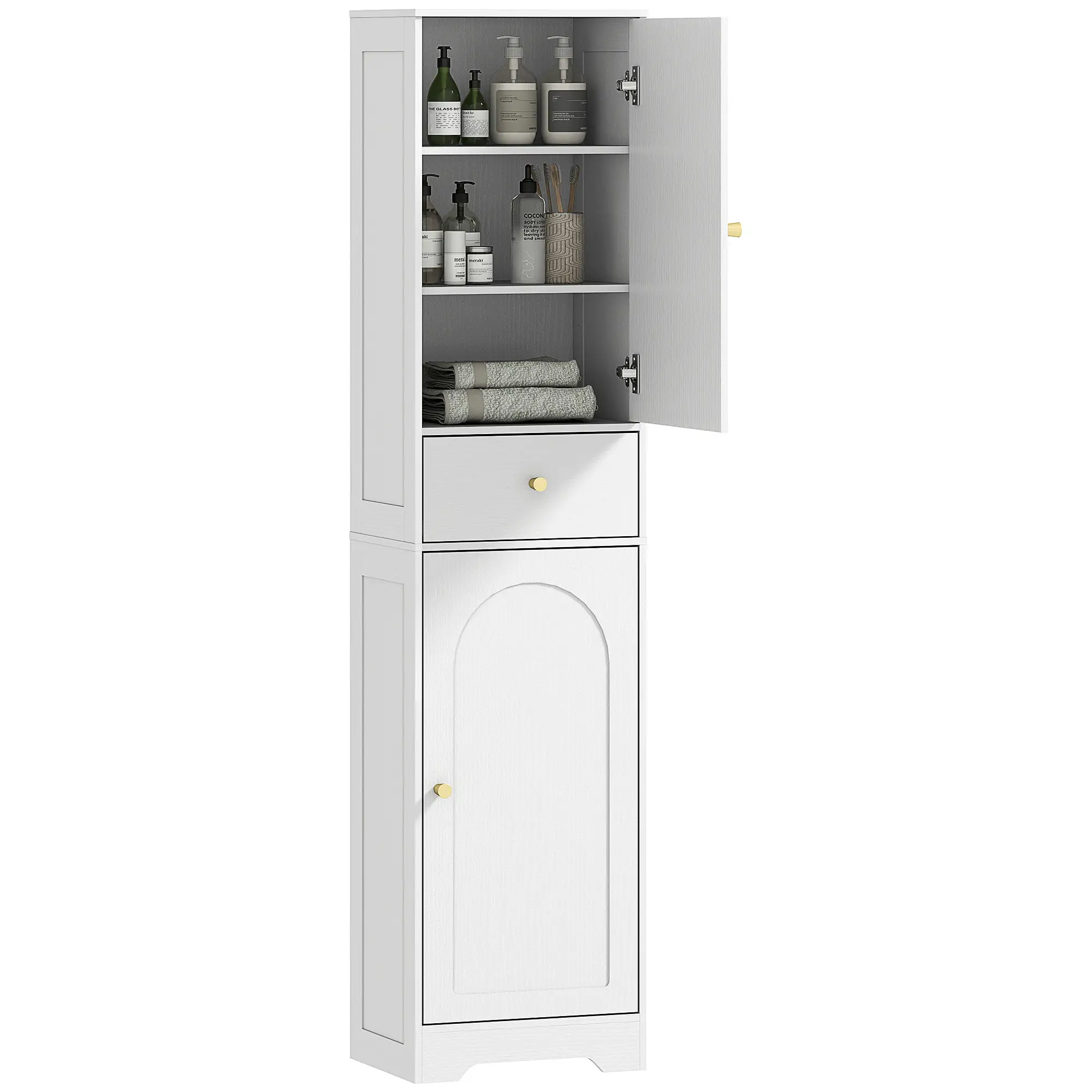 67" Tall Bathroom Cabinet, 2 Doors, Drawer, Adjustable Shelf, Wood Grain, White - Image 11