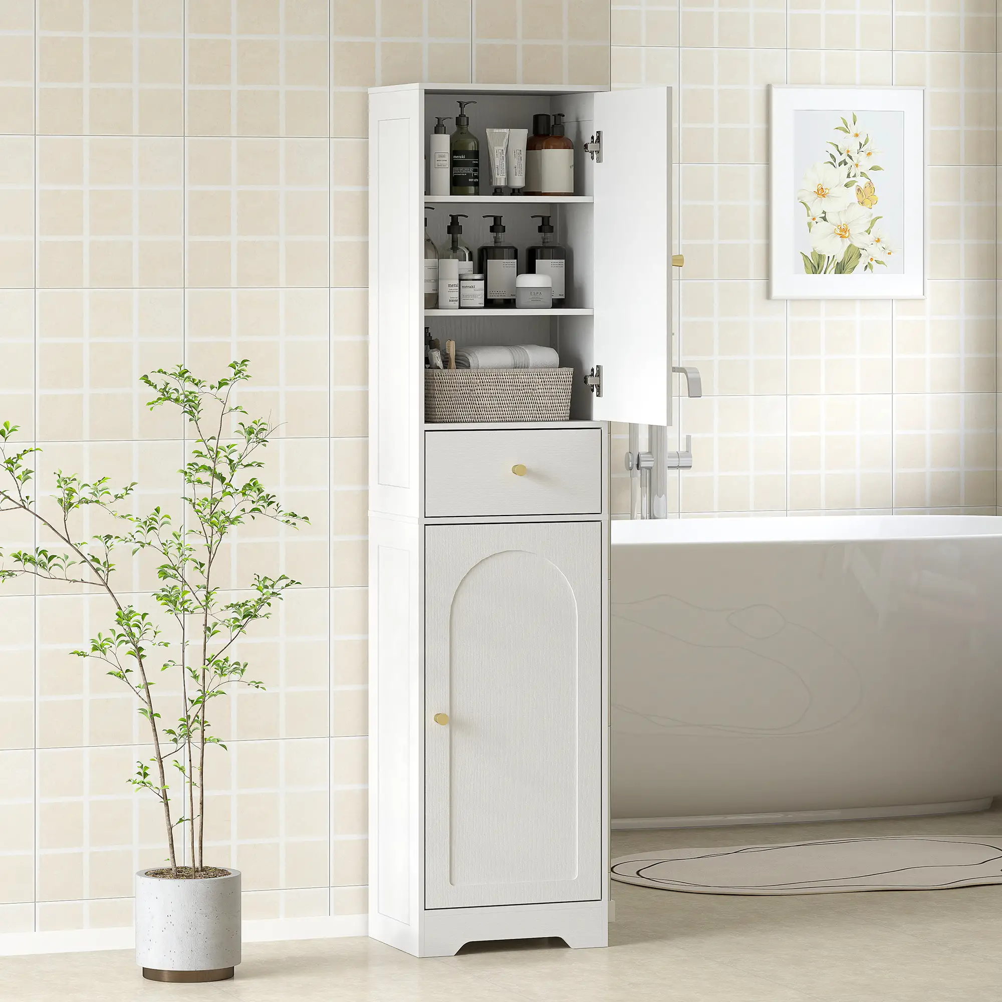 67" Tall Bathroom Cabinet, 2 Doors, Drawer, Adjustable Shelf, Wood Grain, White - Image 2